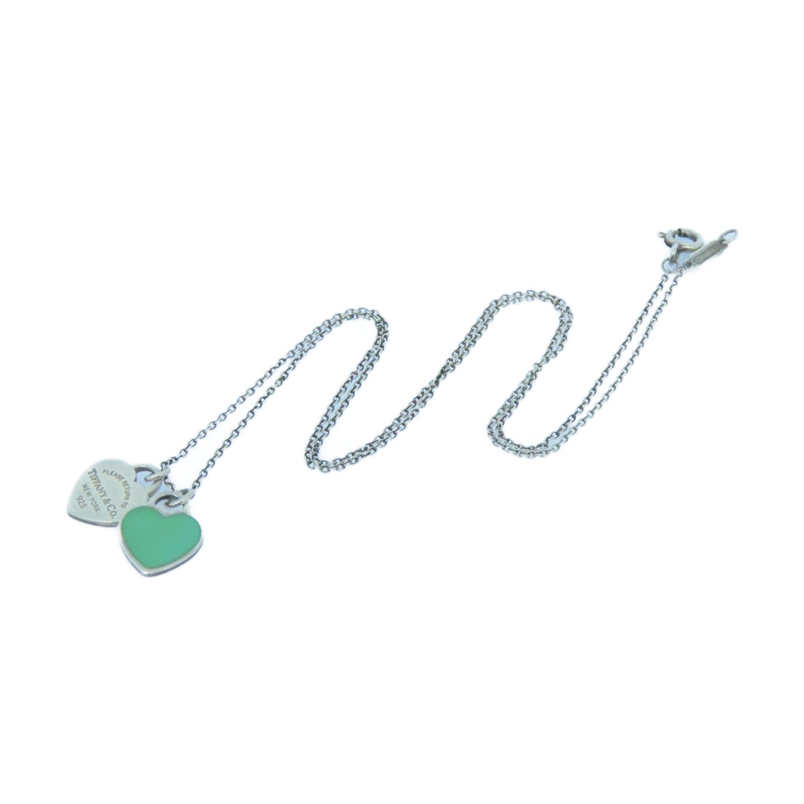 TIFFANY&amp;CO 925 Sterling Silver Mini Double Heart Necklace Silver/Green