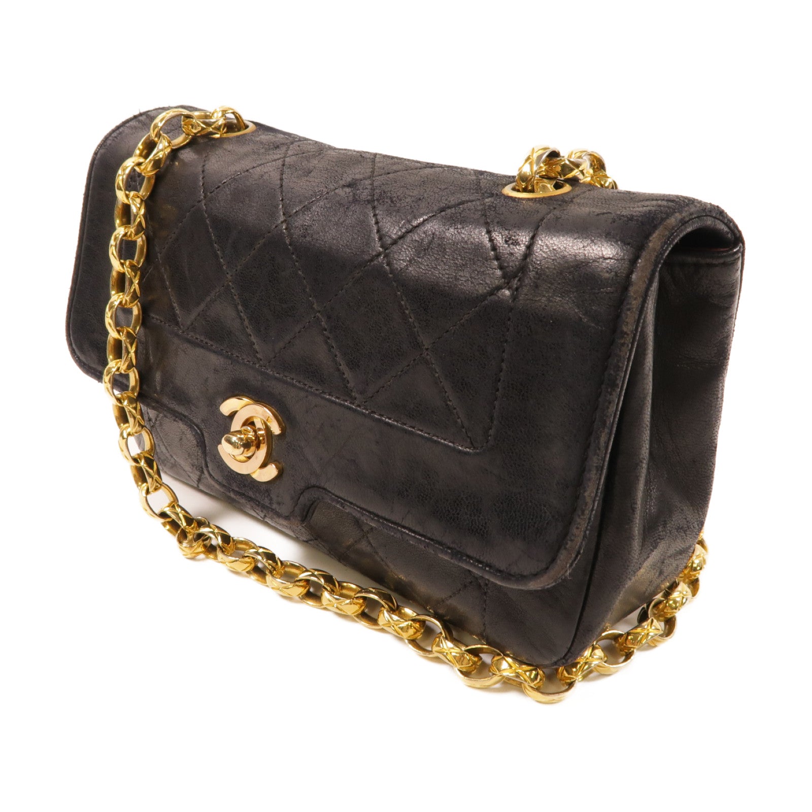 CHANEL 菱格羊皮皮革Chain Shoulder金扣鏈帶肩背袋黑色