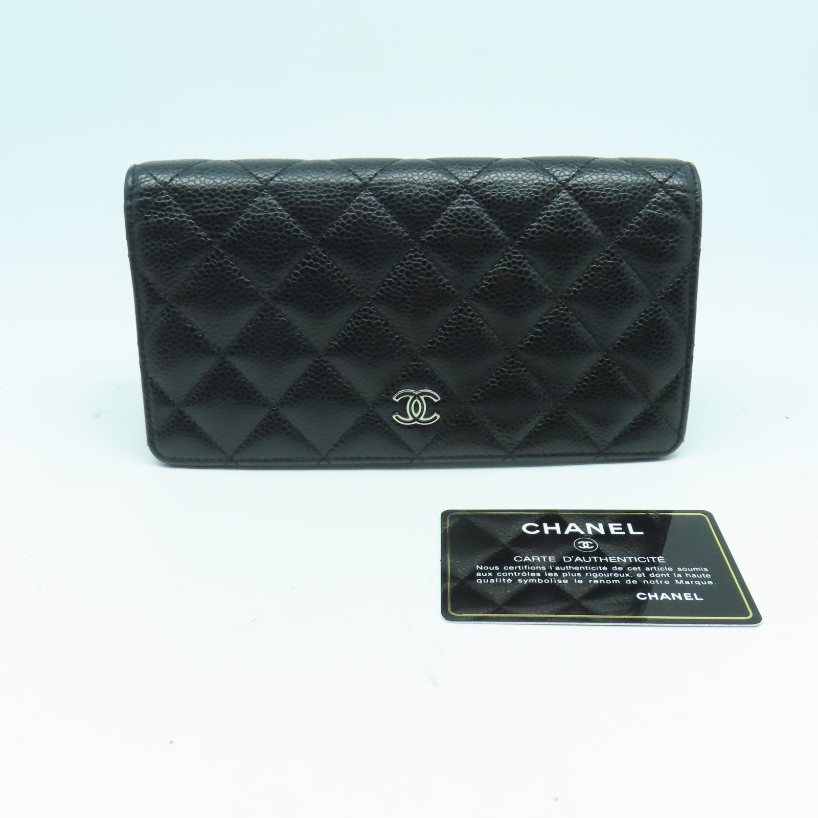 CHANEL 菱格Caviar皮革Long Wallet銀扣長錢包黑色