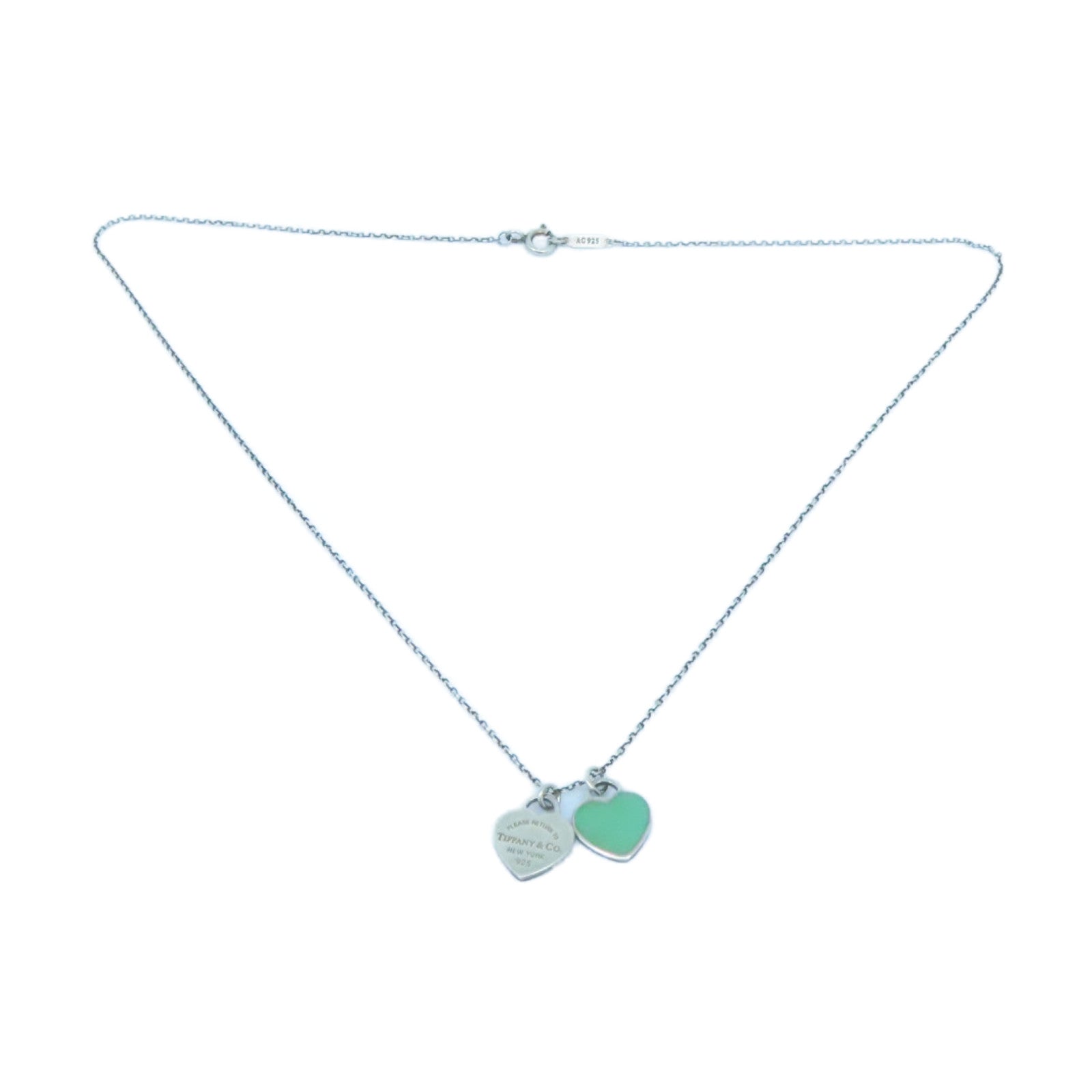 TIFFANY&amp;CO 925 Sterling Silver Mini Double Heart Necklace Silver/Green