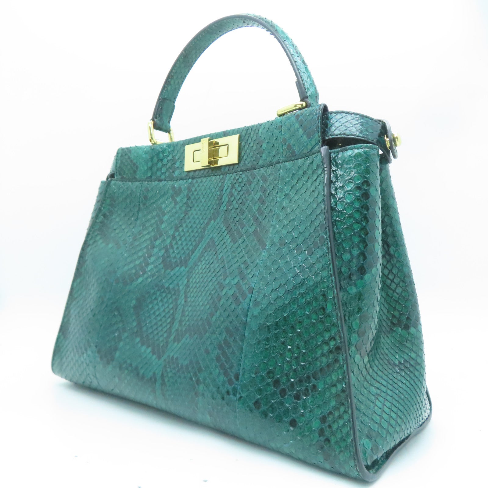 FENDI 蛇皮皮革Peekaboo金扣手挽肩背兩用袋綠色