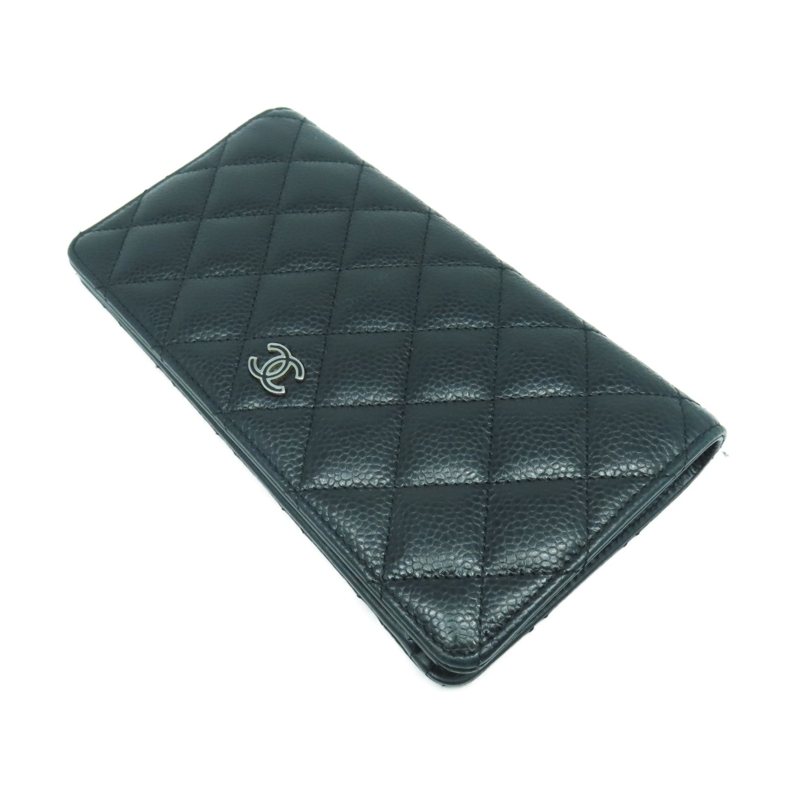 CHANEL 菱格Caviar皮革Long Wallet銀扣長錢包黑色