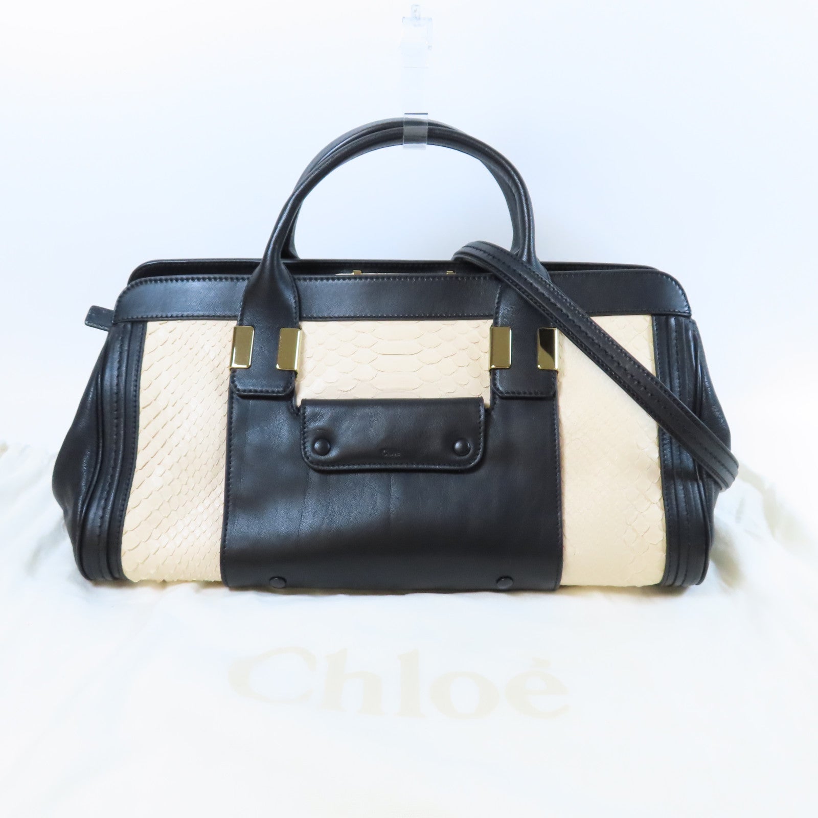 Chloe 蛇皮皮革/牛皮皮革2 Way Shoulder Bag金扣手挽肩背兩用袋黑色/米色