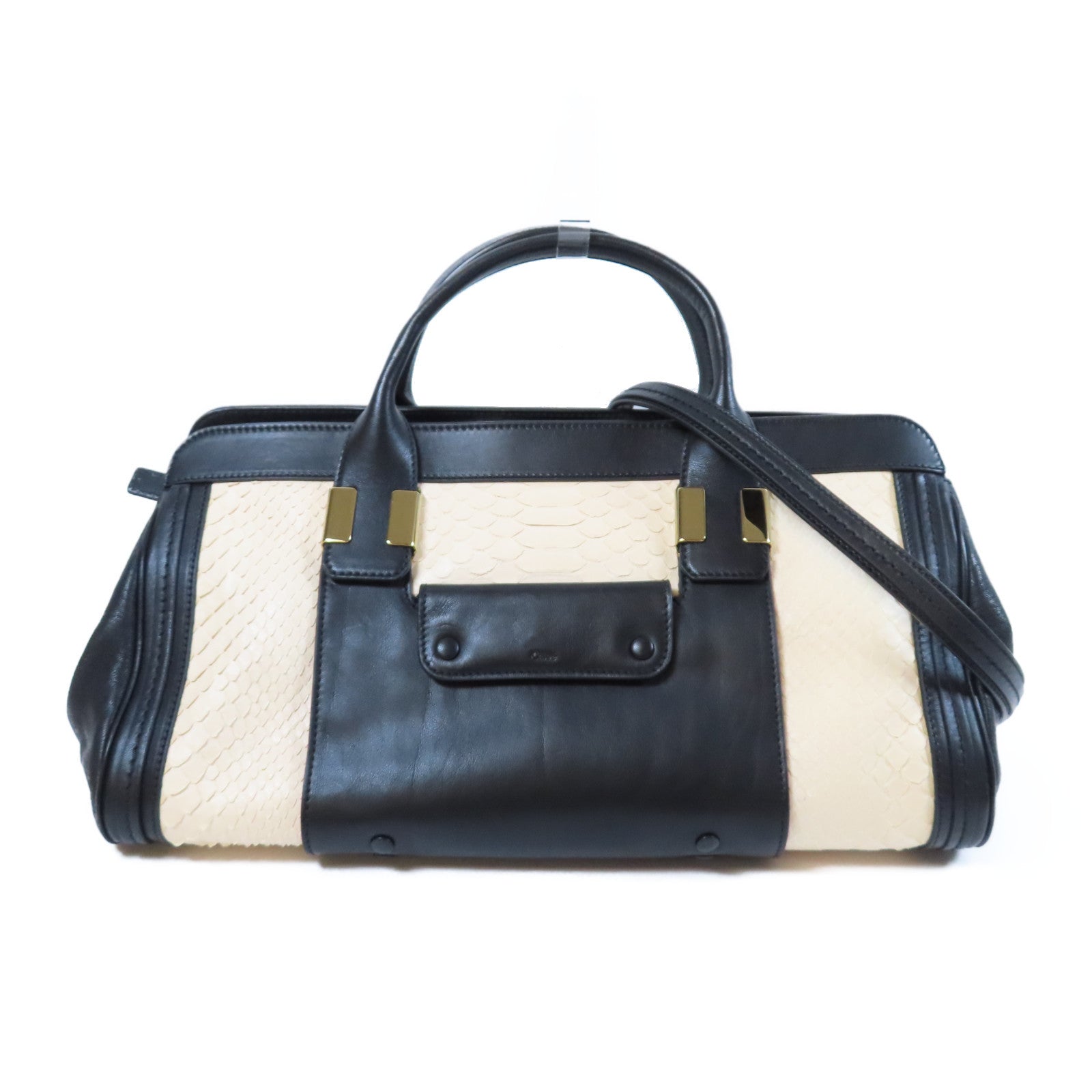 Chloe 蛇皮皮革/牛皮皮革2 Way Shoulder Bag金扣手挽肩背兩用袋黑色/米色
