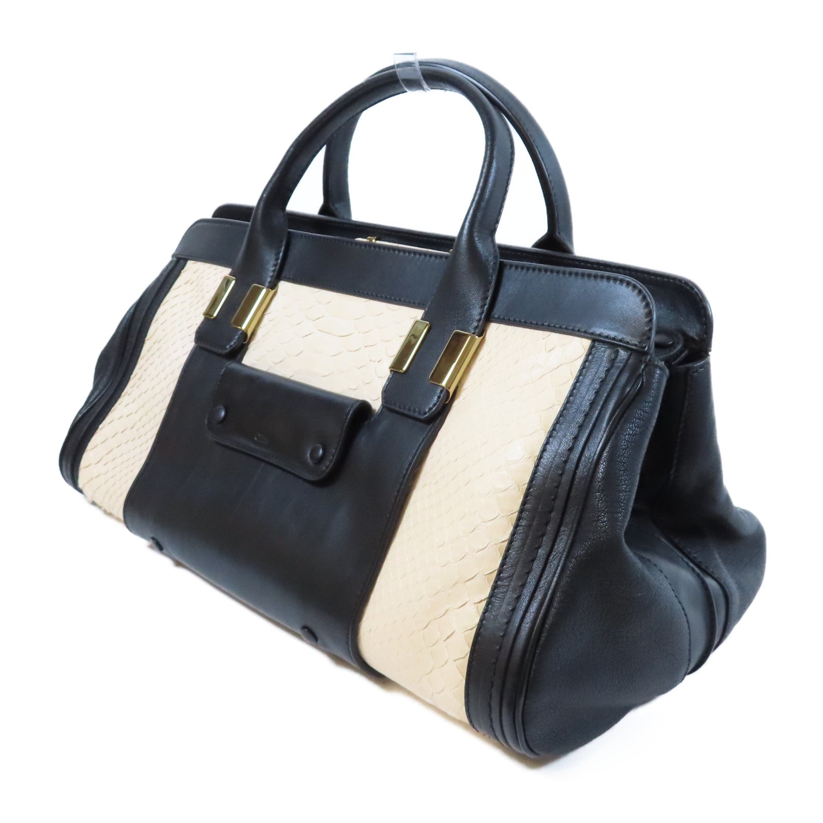 Chloe 蛇皮皮革/牛皮皮革2 Way Shoulder Bag金扣手挽肩背兩用袋黑色/米色