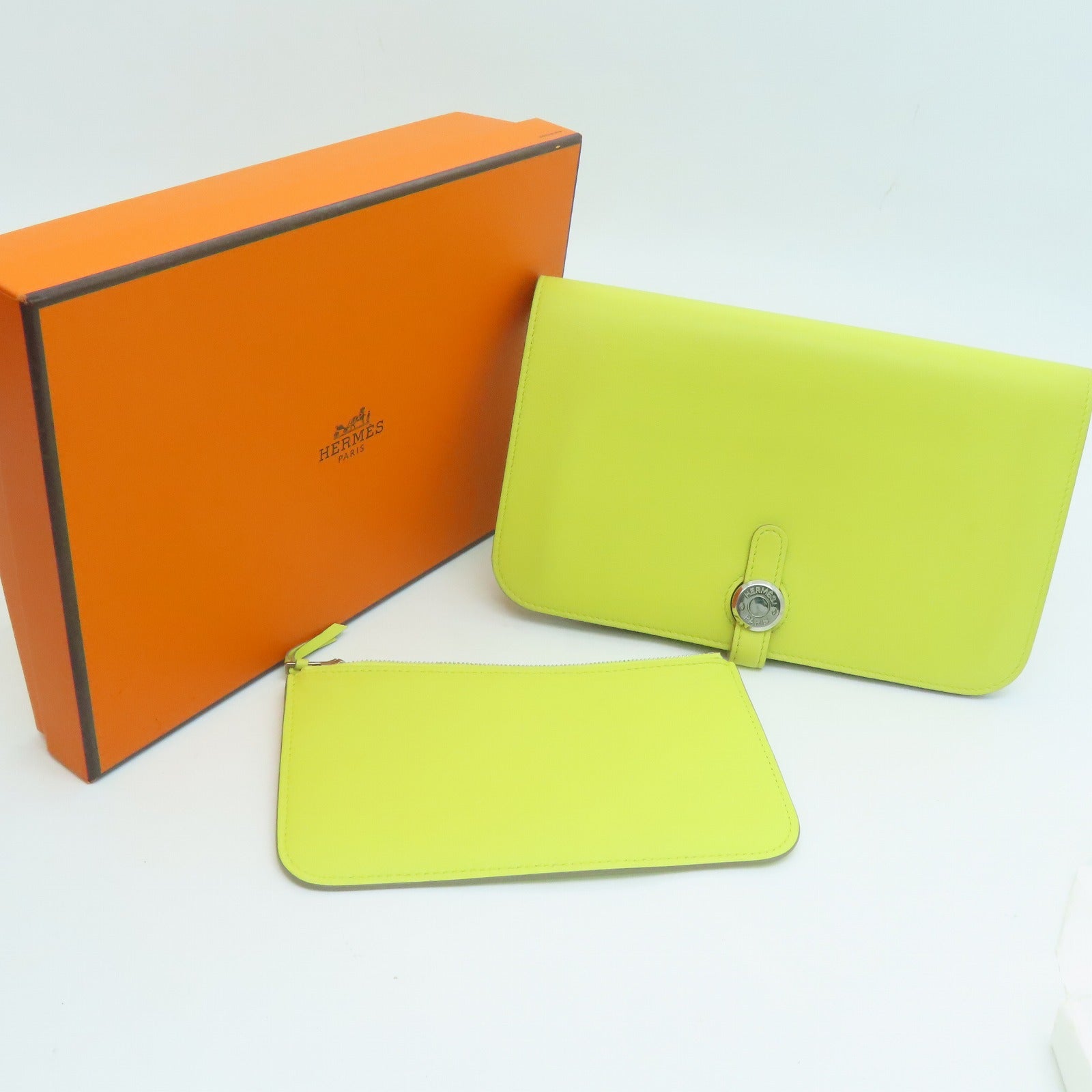 HERMES Swift皮革Dongo GM银扣长钱包Lime黄色