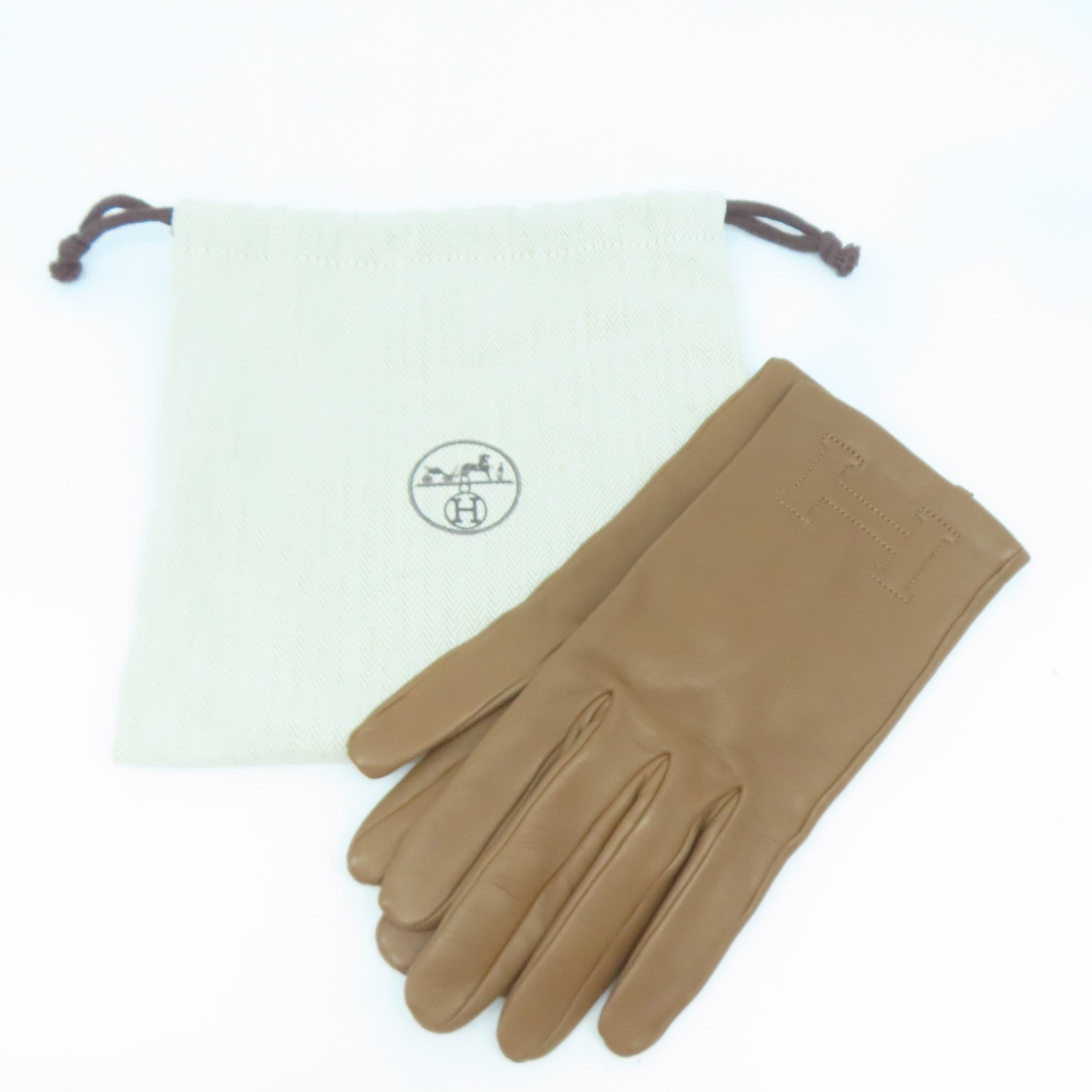 HERMES 羊皮皮革/絲質Gloves手套啡色