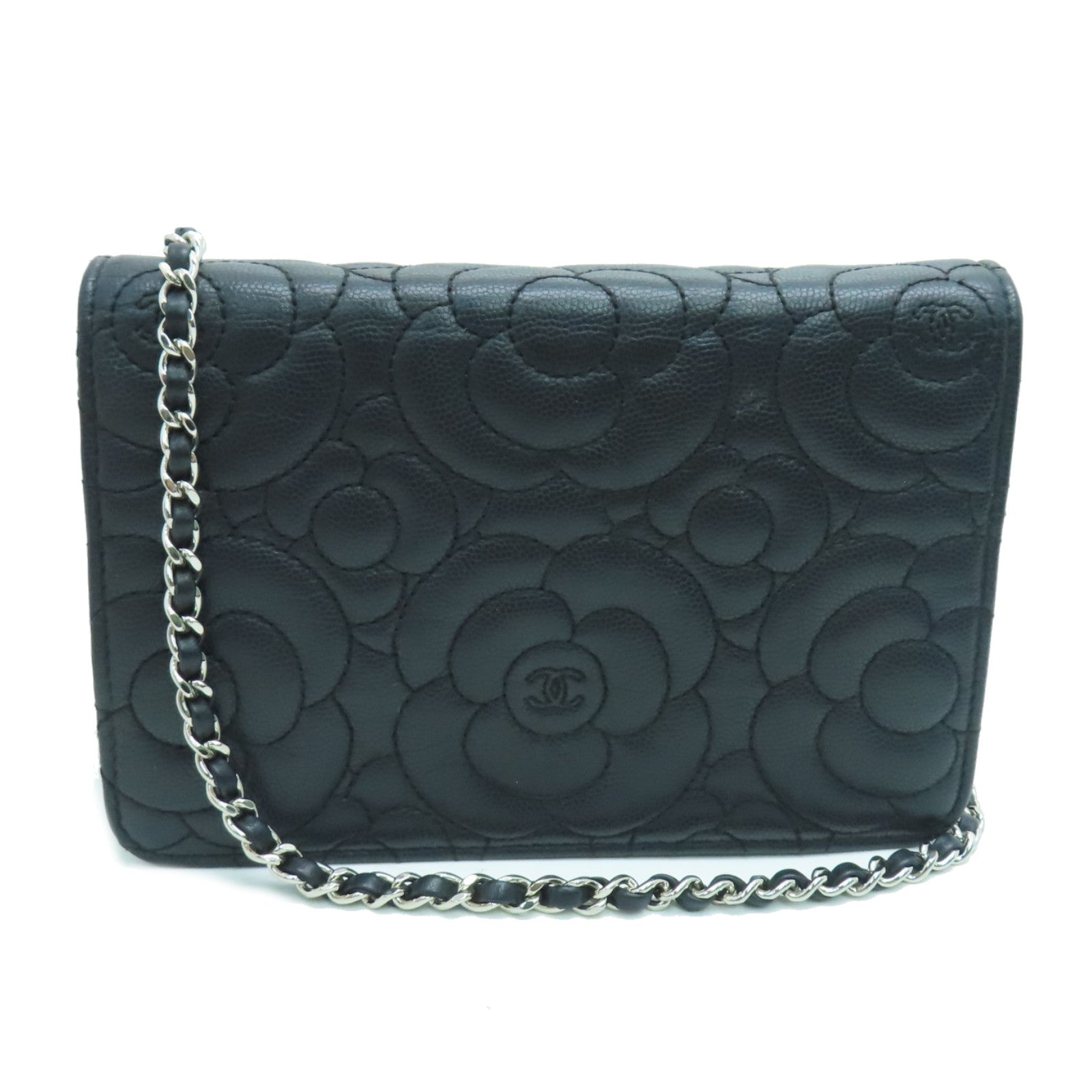 CHANEL Caviar皮革Wallet On Chain链带肩背袋银扣黑色