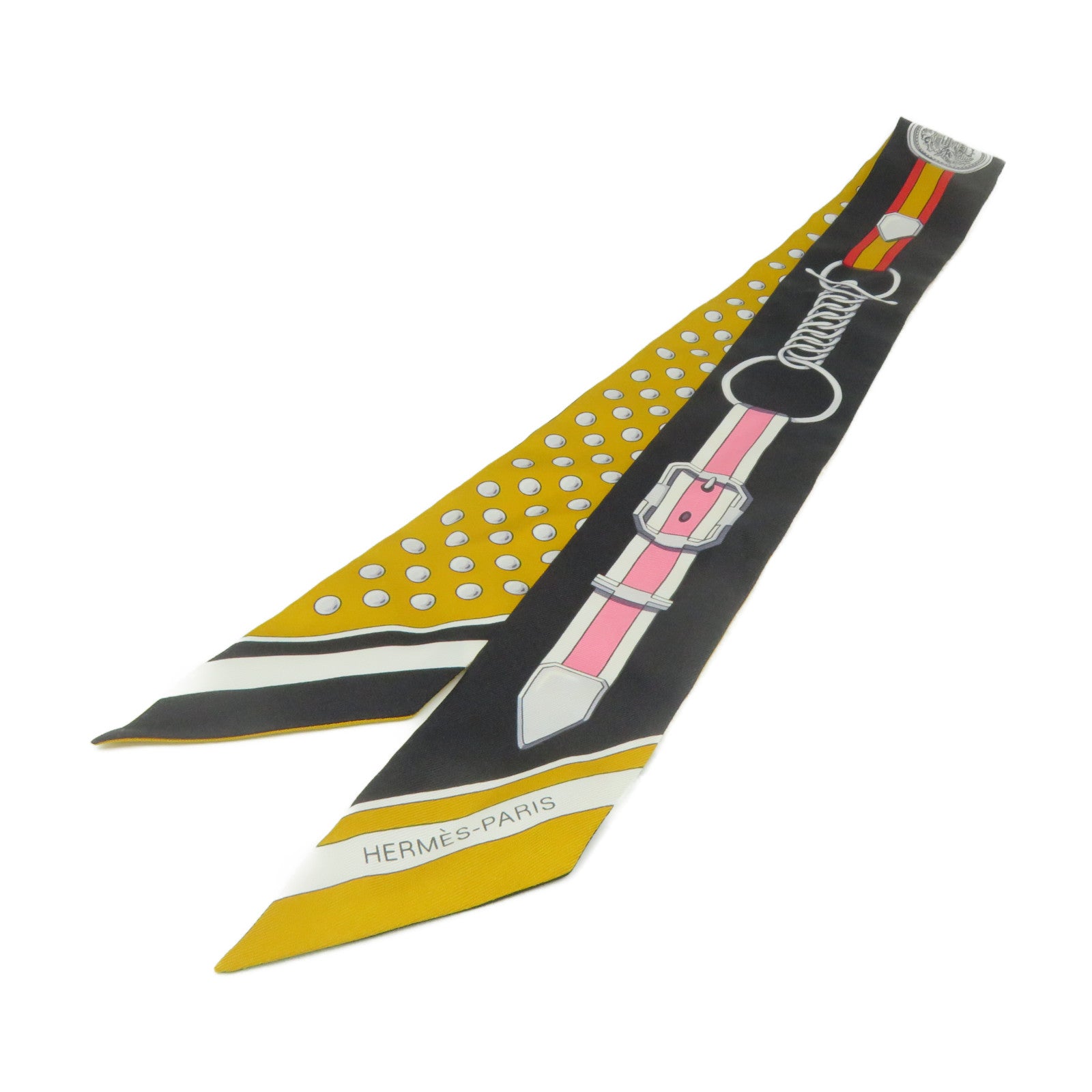 HERMES 絲質Twilly Scarf絲巾黑色/黃色/彩色