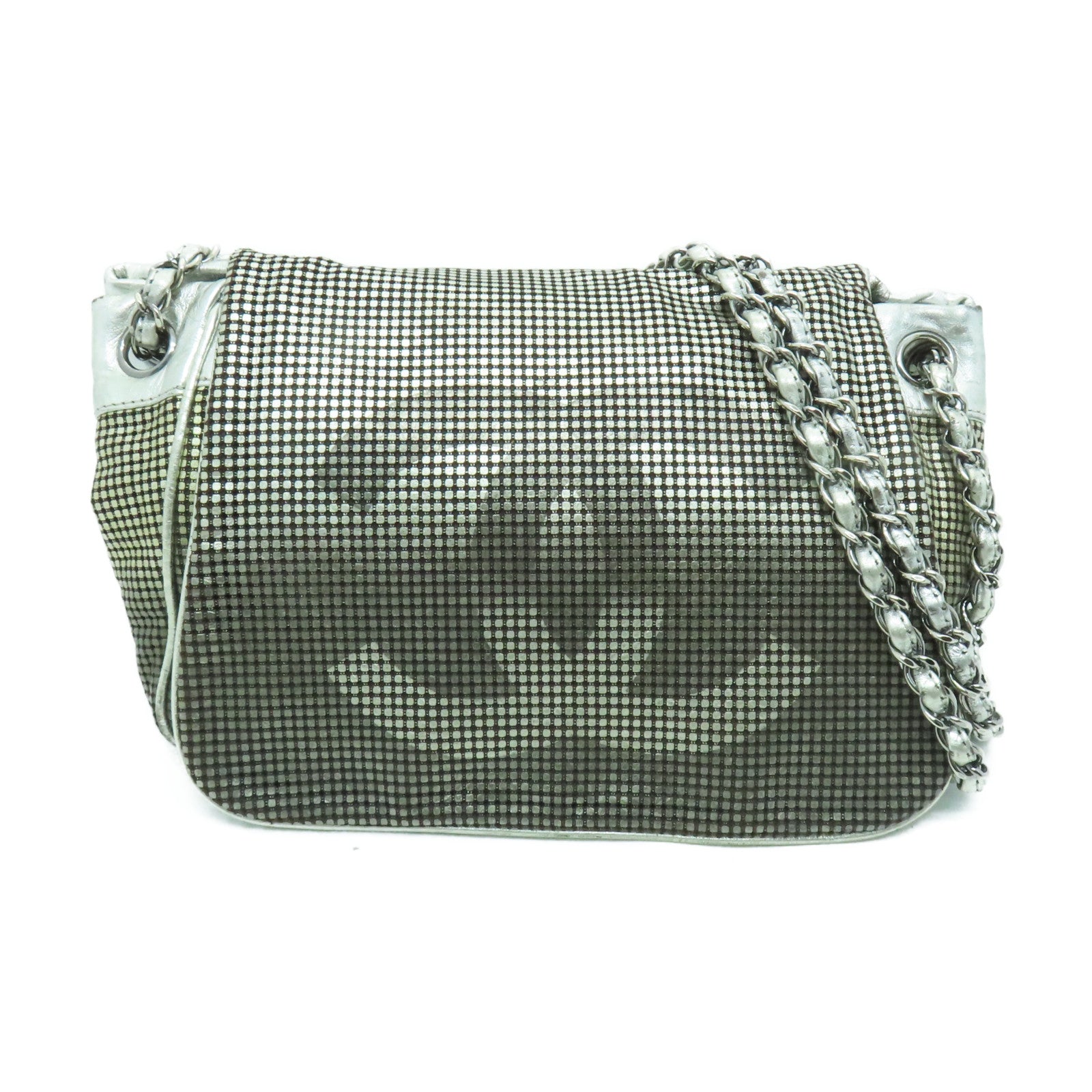 CHANEL 網紋皮革Chain Shoulder銀扣鏈帶肩背袋銀色