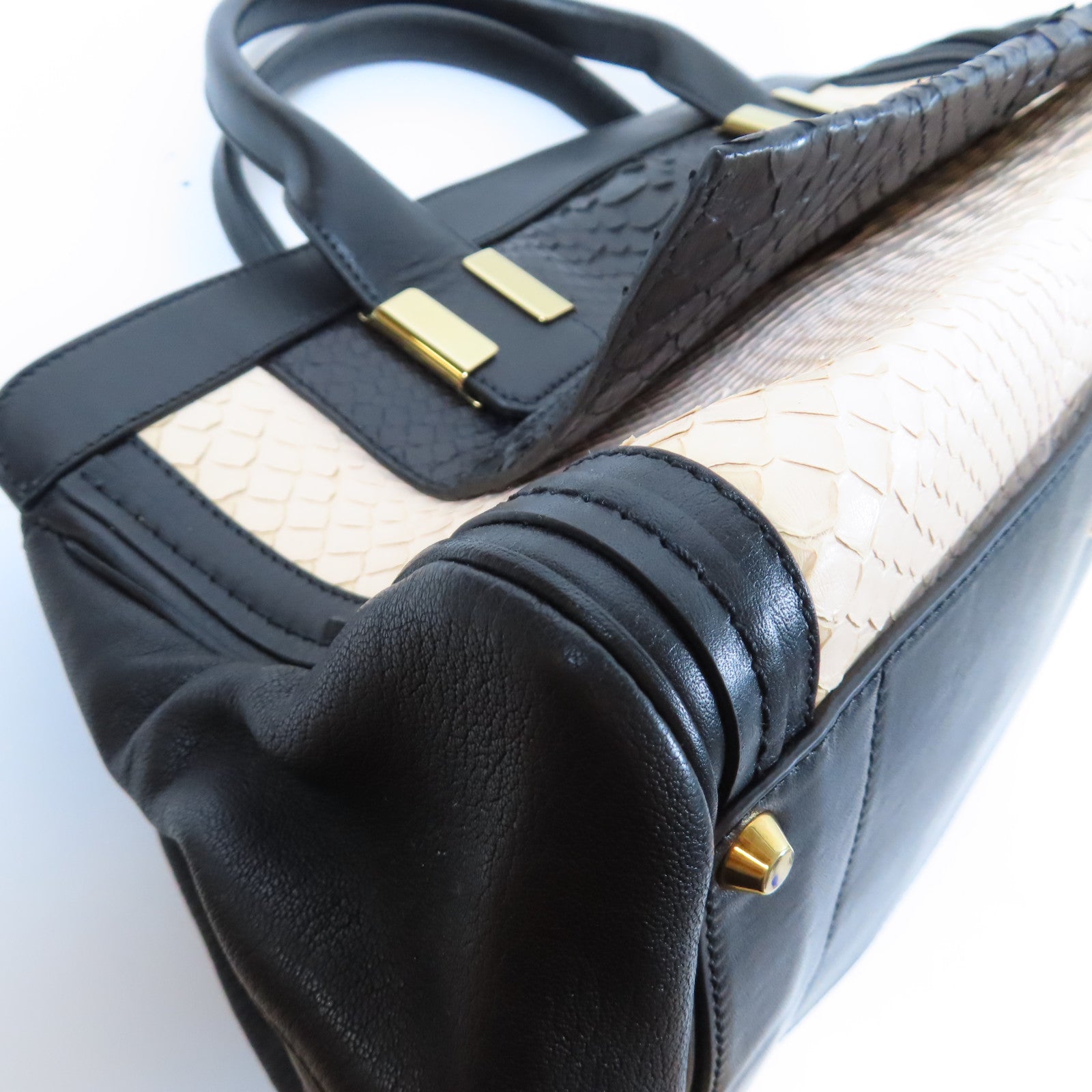 Chloe 蛇皮皮革/牛皮皮革2 Way Shoulder Bag金扣手挽肩背兩用袋黑色/米色