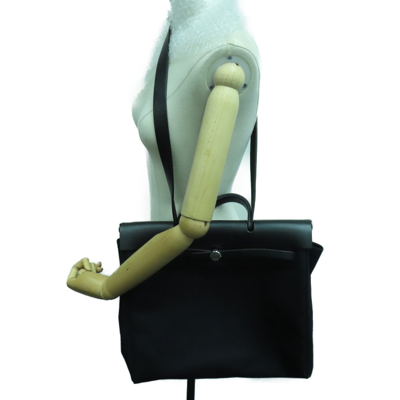 HERMES 帆布Herbag MM銀扣手挽肩背兩用袋黑色