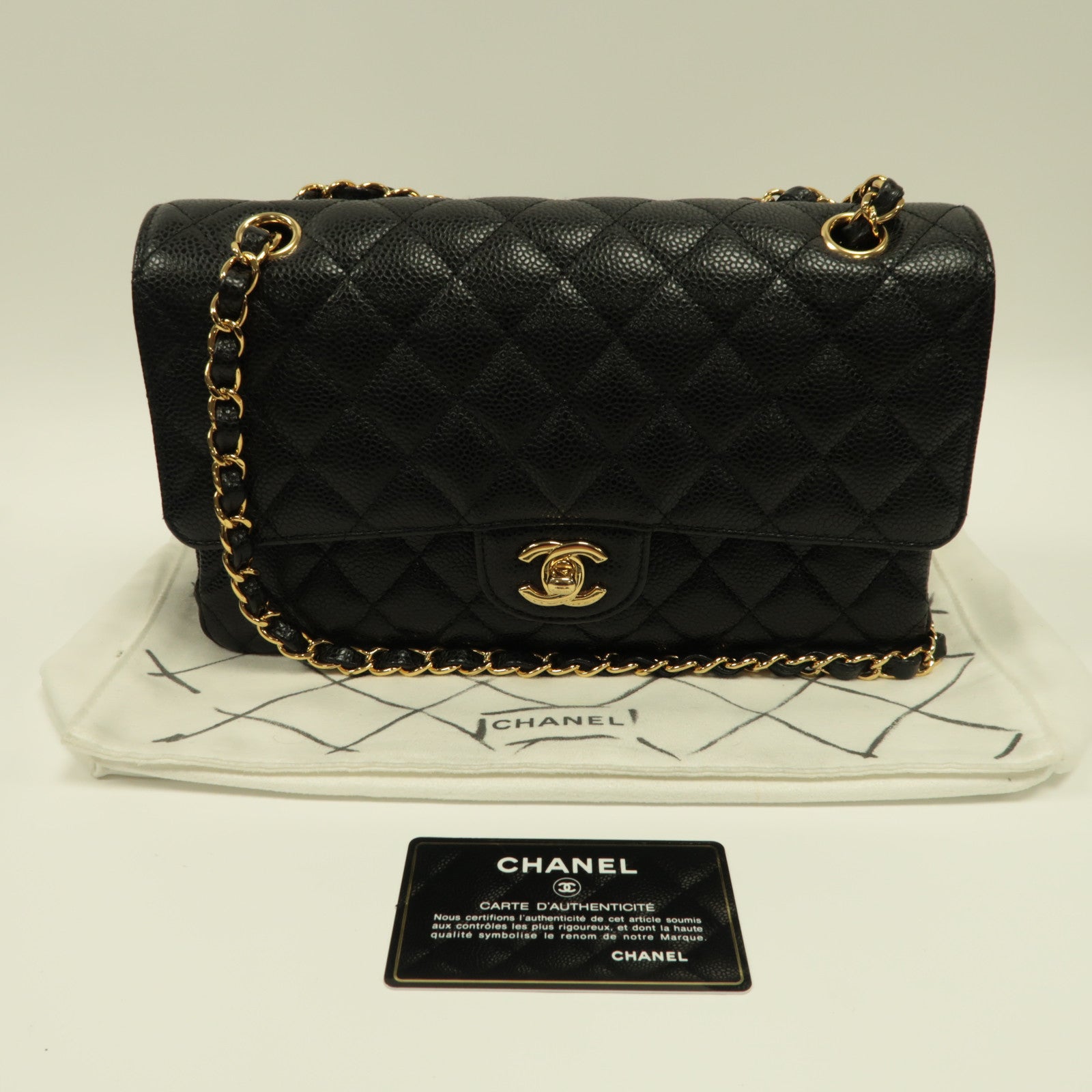 CHANEL 菱格Caviar皮革Classic 25金扣鏈帶肩背袋黑色