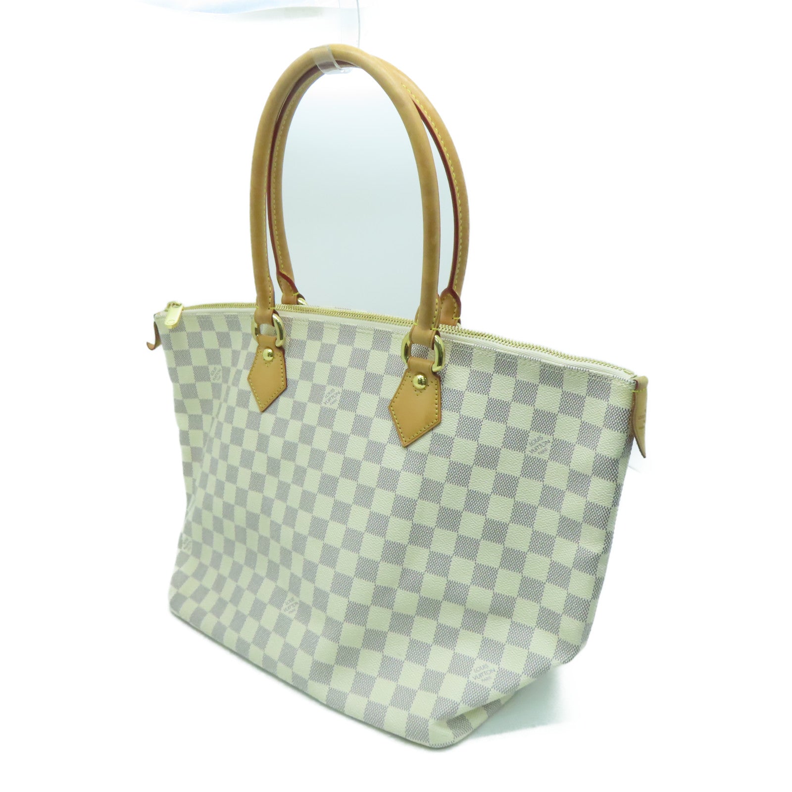 LOUIS VUITTON Damier Azur Saleya MM金扣手挽袋米色