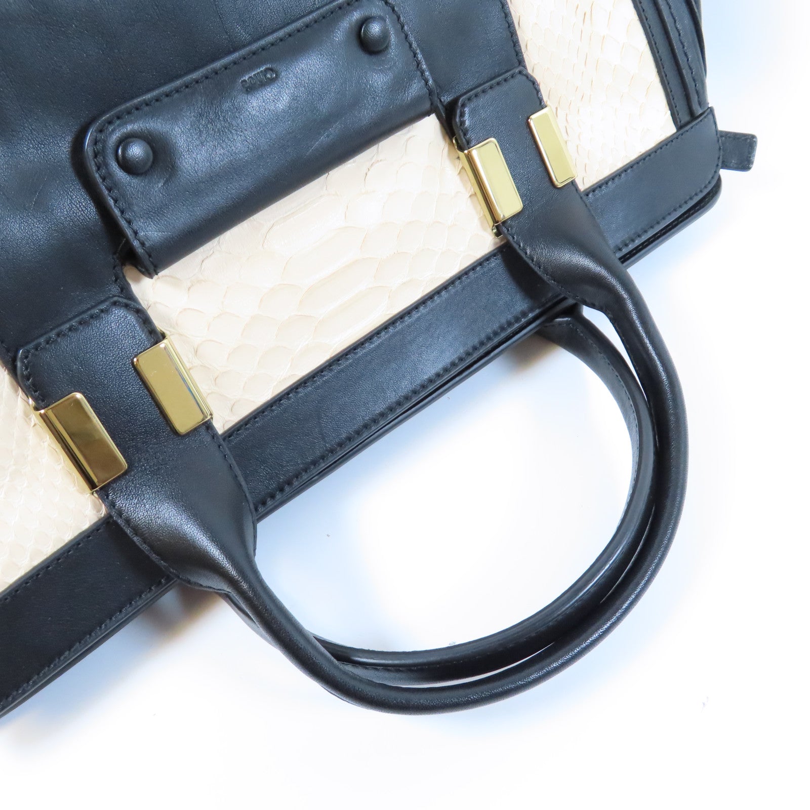 Chloe 蛇皮皮革/牛皮皮革2 Way Shoulder Bag金扣手挽肩背兩用袋黑色/米色