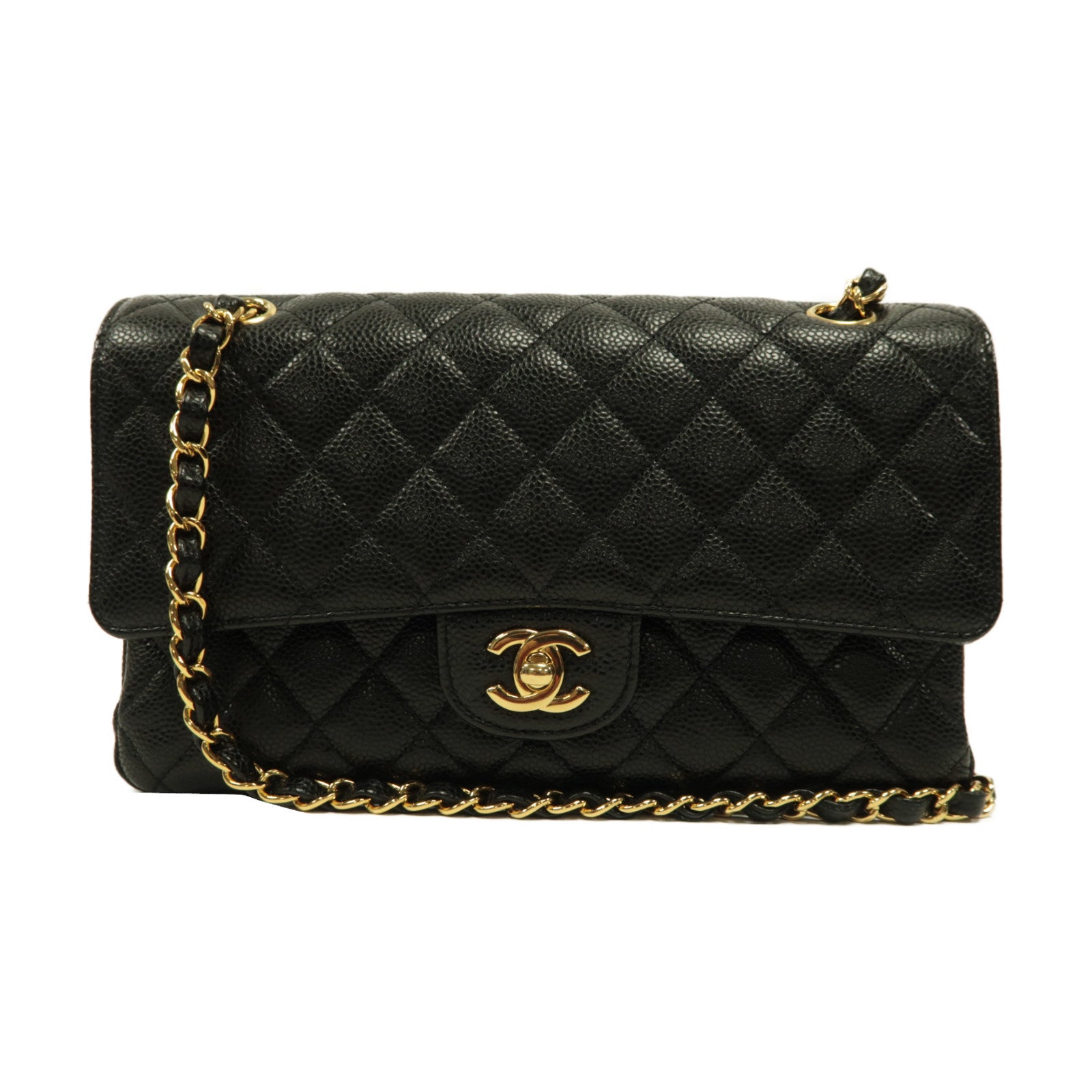 CHANEL 菱格Caviar皮革Classic 25金扣鏈帶肩背袋黑色