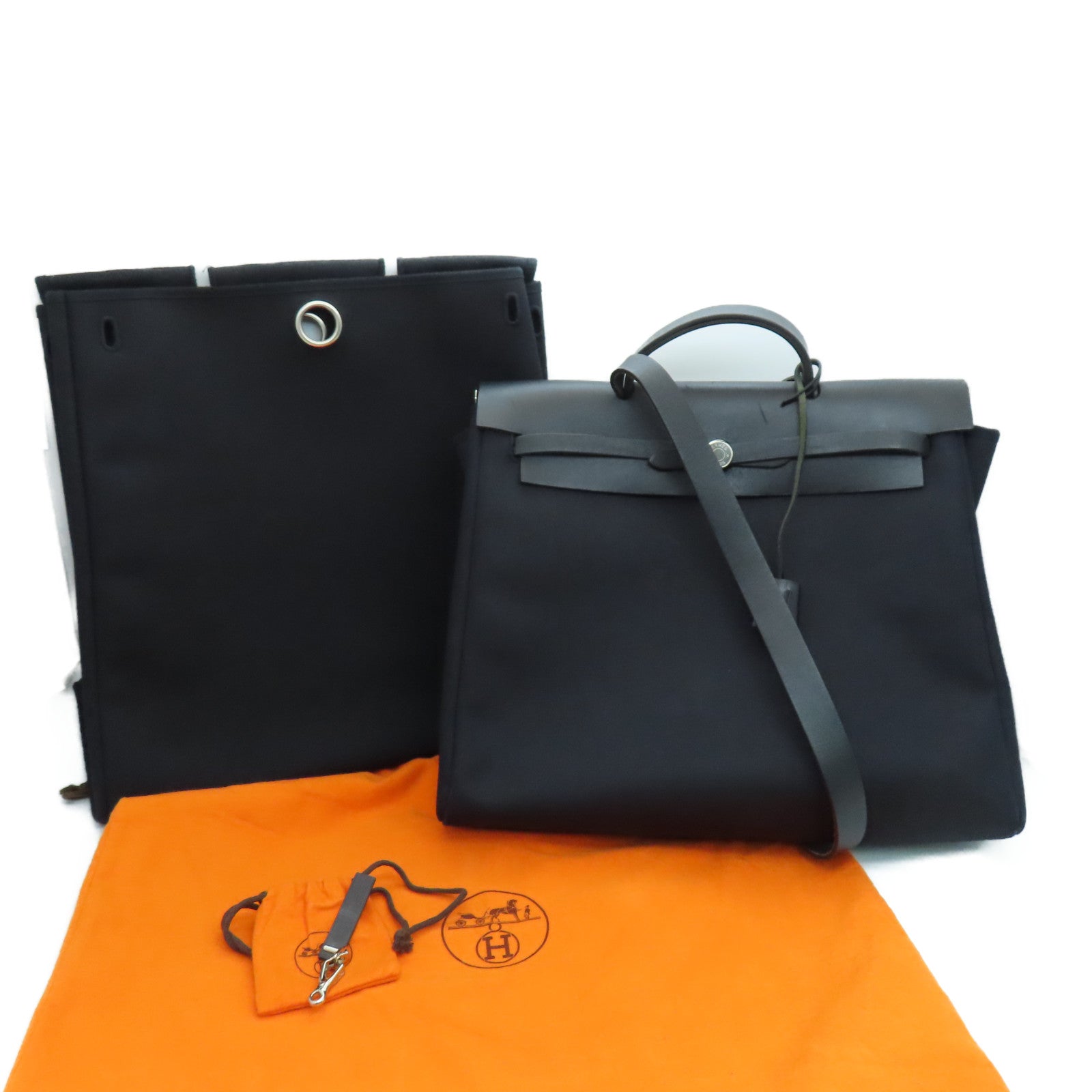 HERMES 帆布Herbag MM銀扣手挽肩背兩用袋黑色