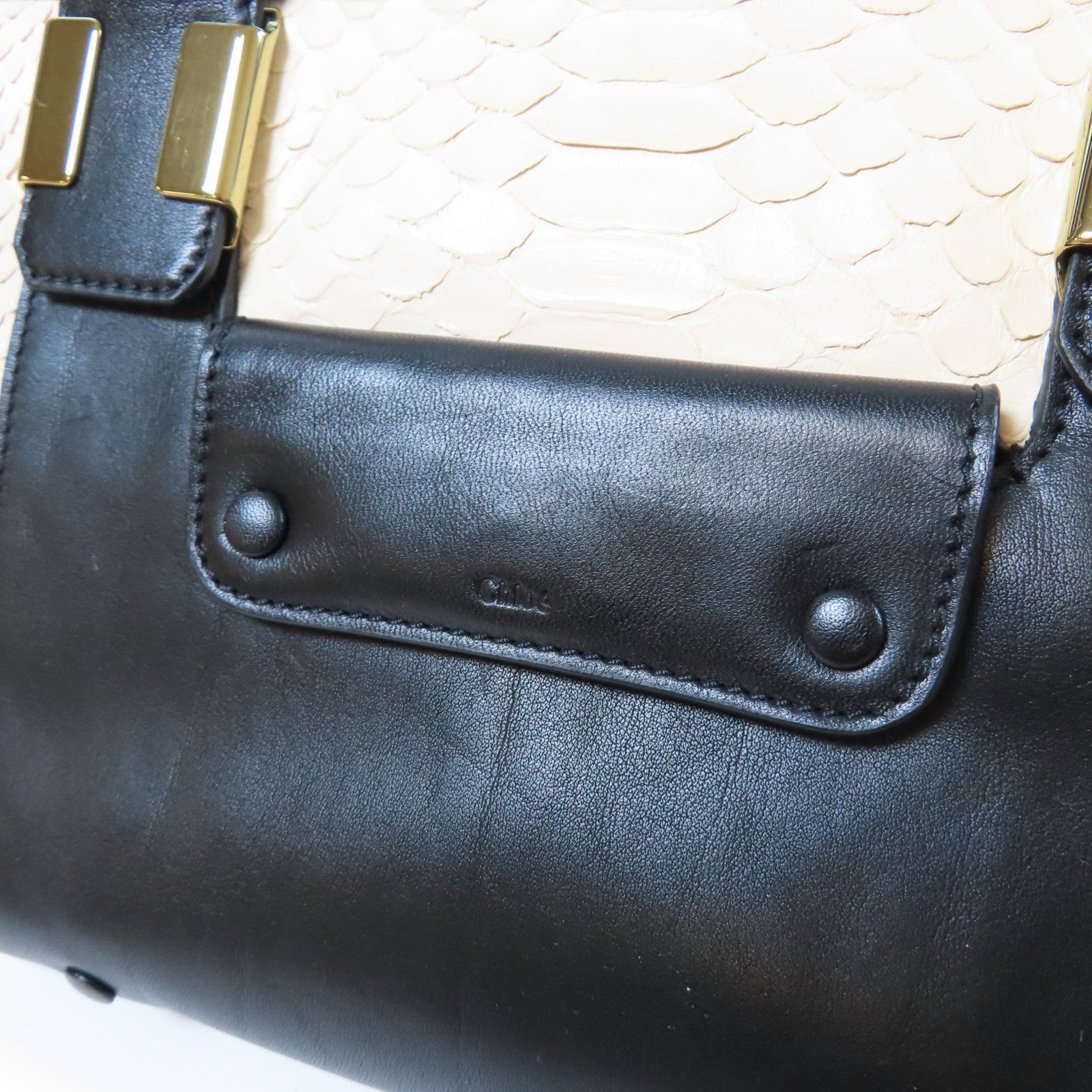 Chloe 蛇皮皮革/牛皮皮革2 Way Shoulder Bag金扣手挽肩背兩用袋黑色/米色