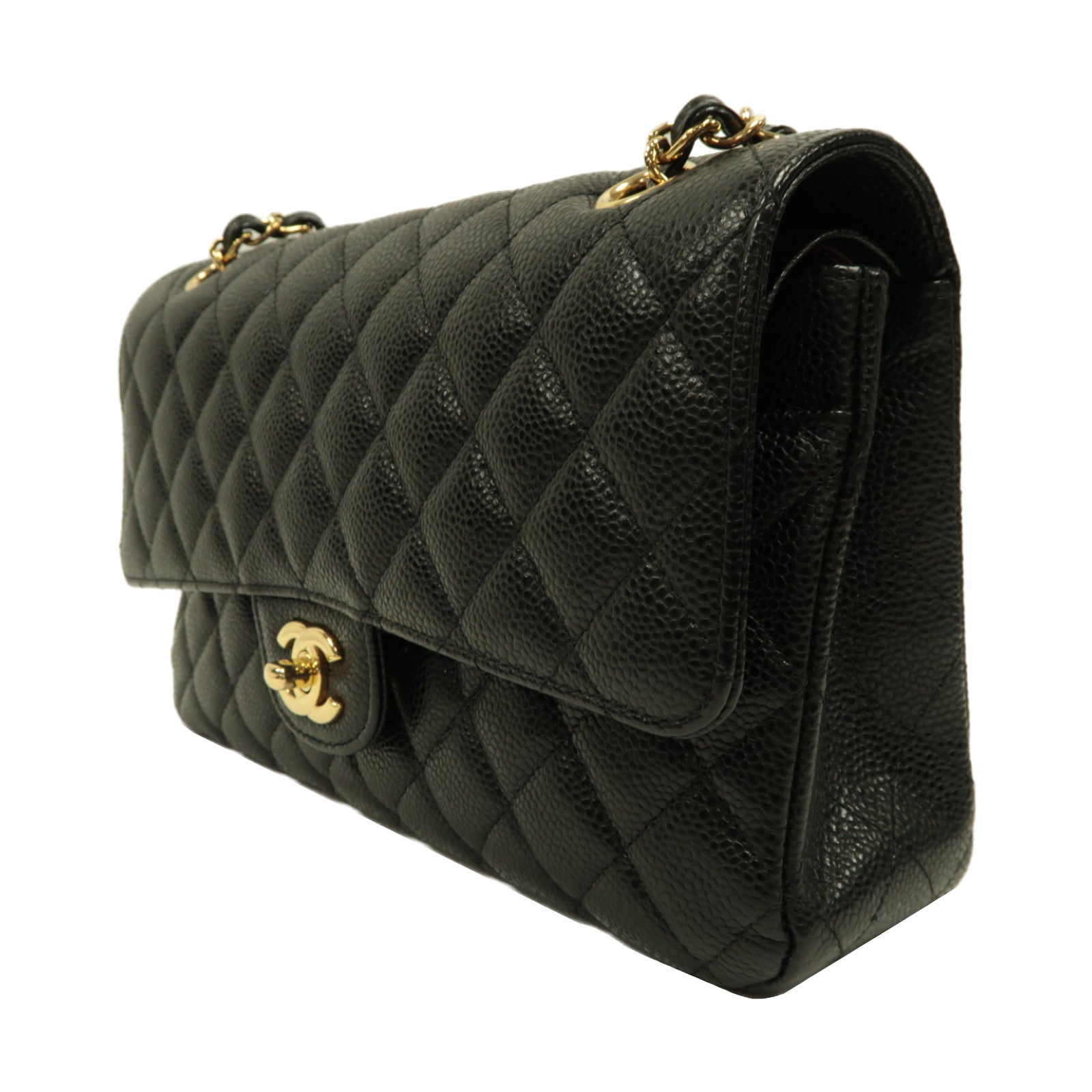 CHANEL 菱格Caviar皮革Classic 25金扣鏈帶肩背袋黑色