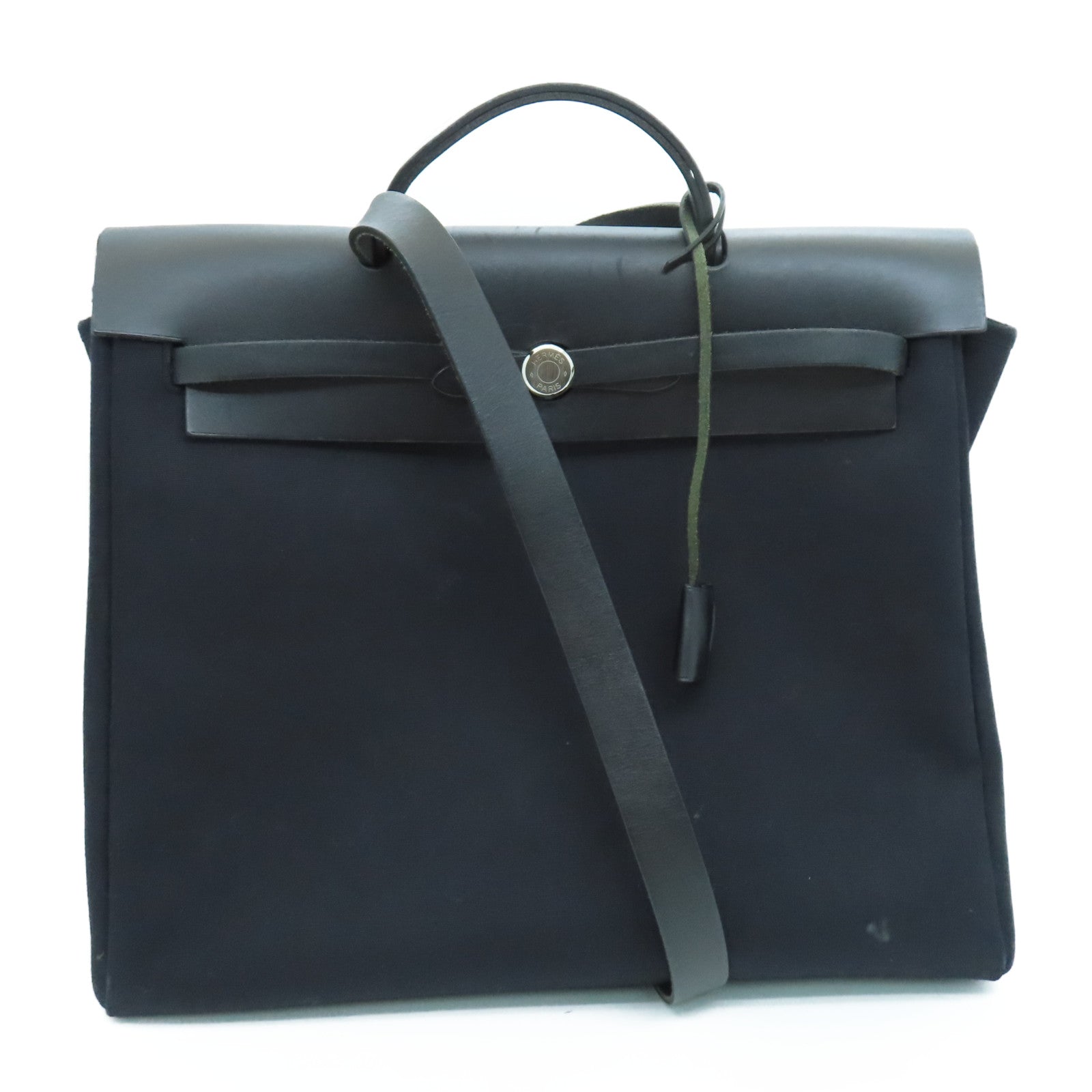 HERMES 帆布Herbag MM銀扣手挽肩背兩用袋黑色