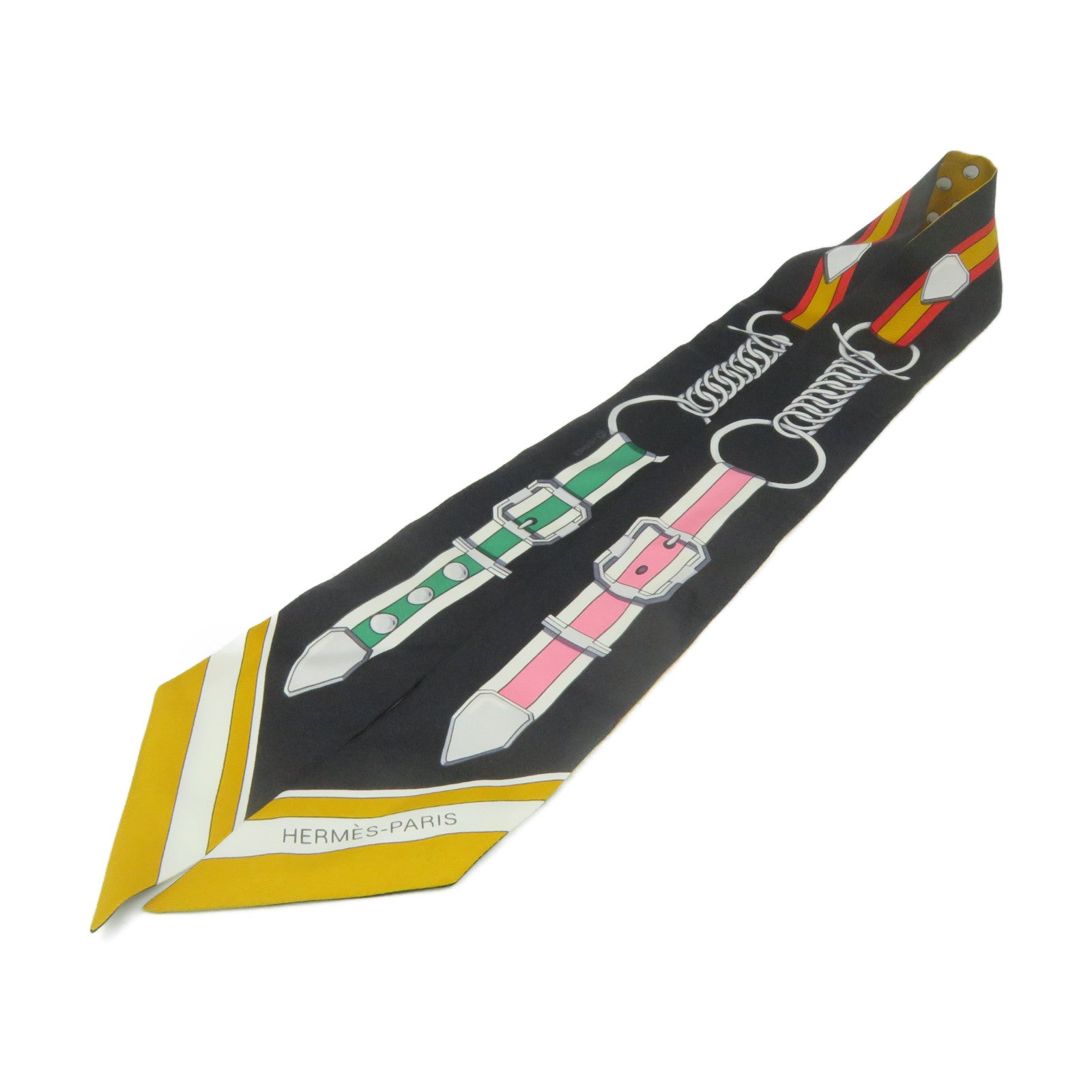 HERMES 絲質Twilly Scarf絲巾黑色/黃色/彩色