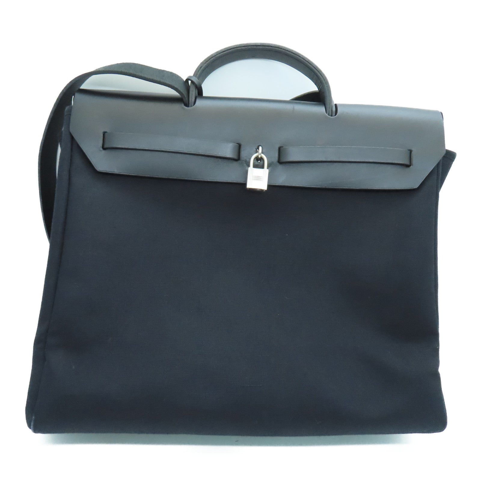 HERMES 帆布Herbag MM銀扣手挽肩背兩用袋黑色