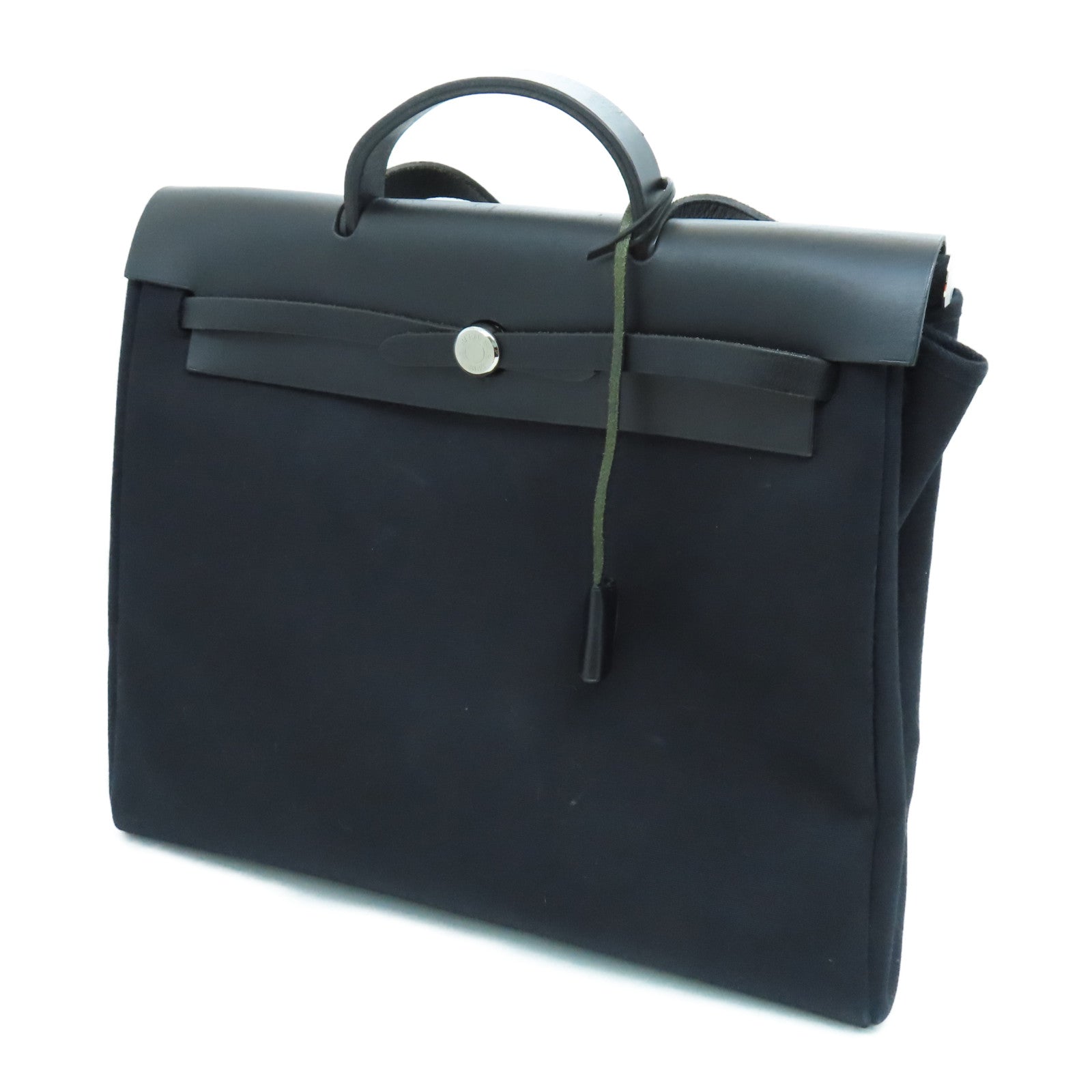 HERMES 帆布Herbag MM銀扣手挽肩背兩用袋黑色