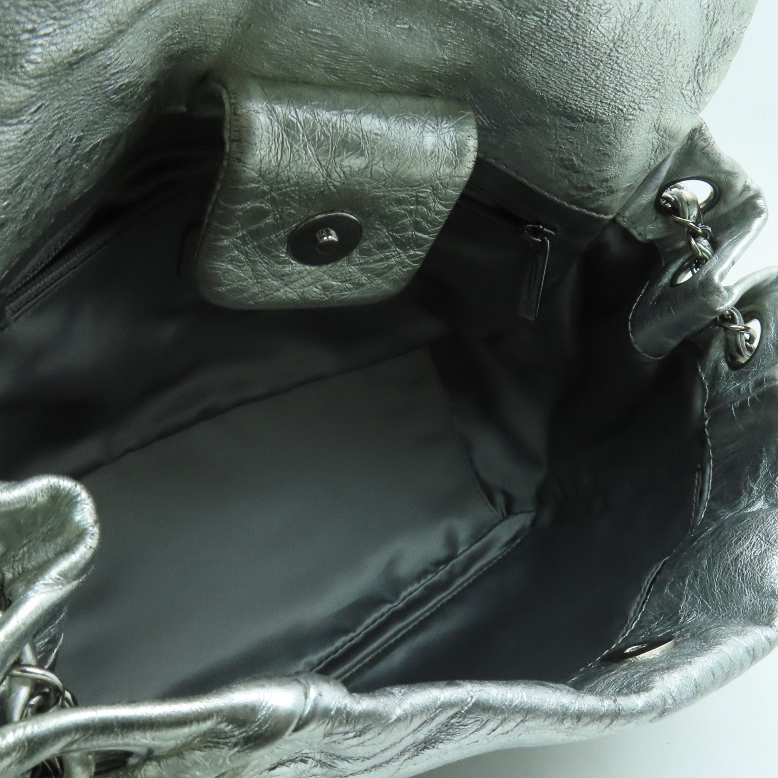 CHANEL 網紋皮革Chain Shoulder銀扣鏈帶肩背袋銀色