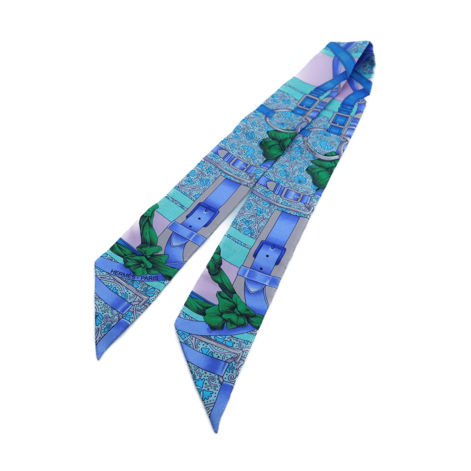 HERMES 絲質Twilly絲巾藍色/粉紅色/綠色