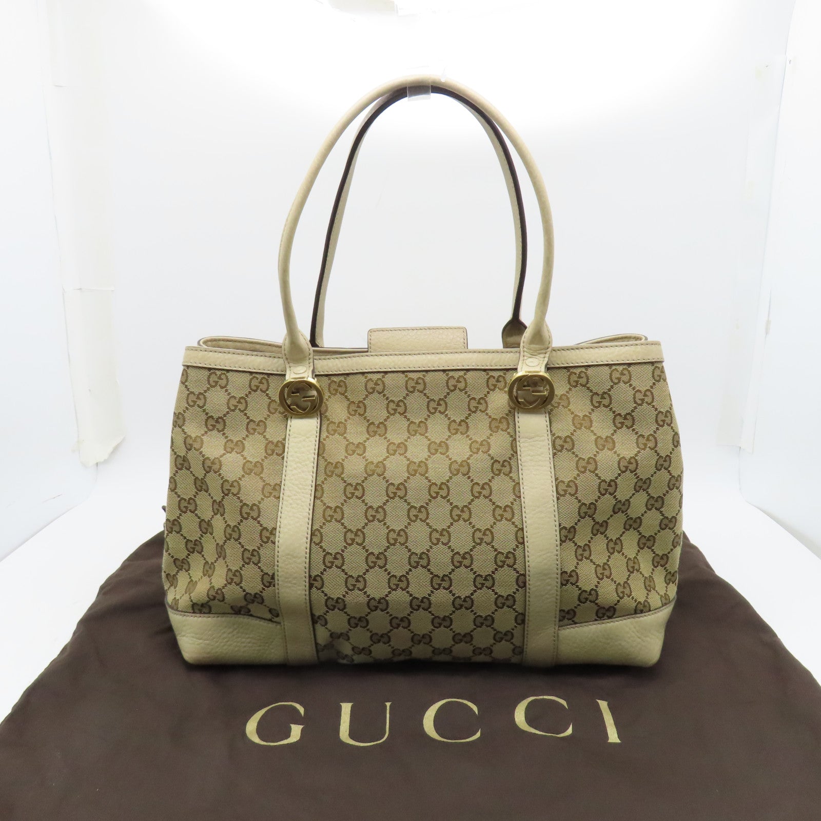 GUCCI canvas Tote Bag gold buckle handle bag brown