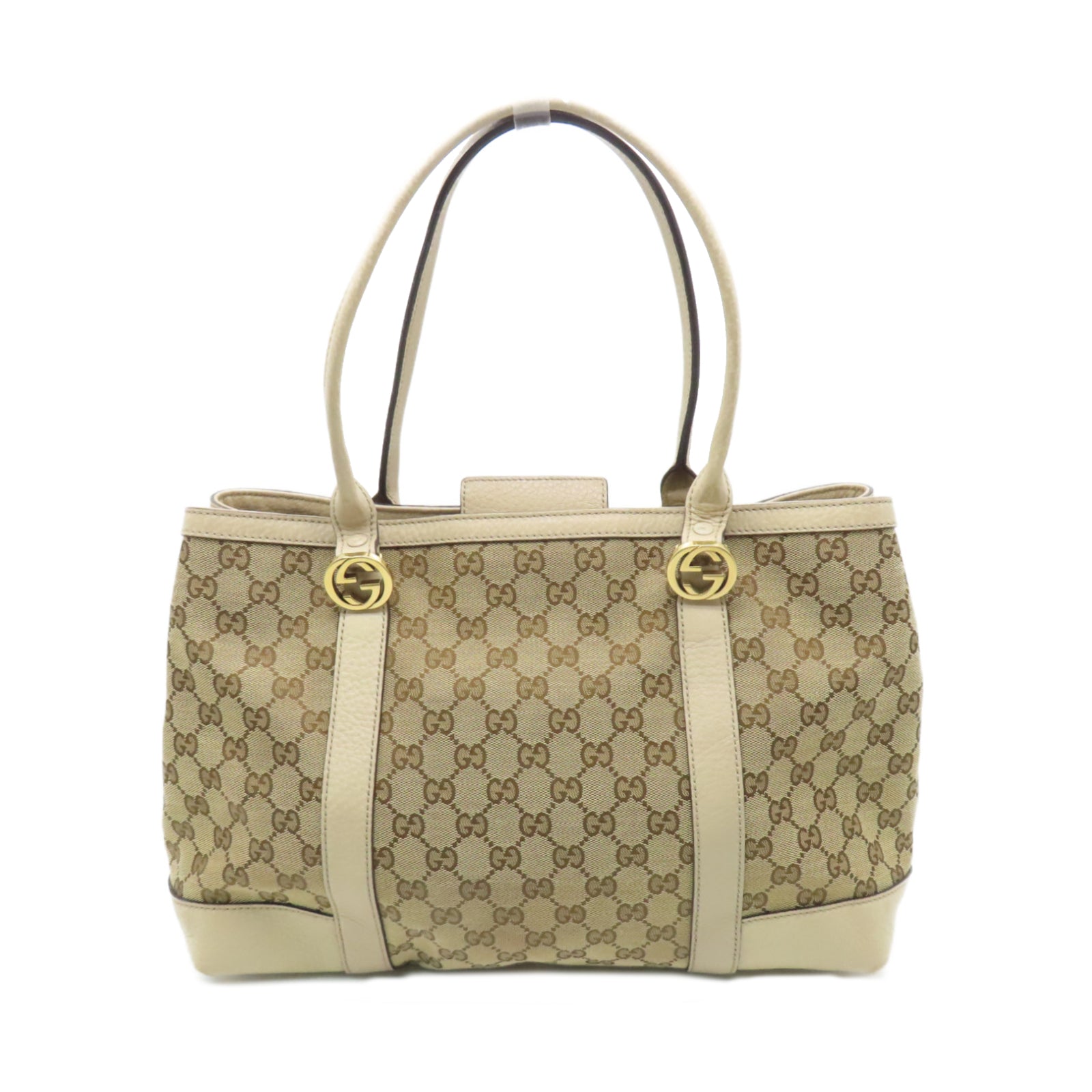 GUCCI canvas Tote Bag gold buckle handle bag brown