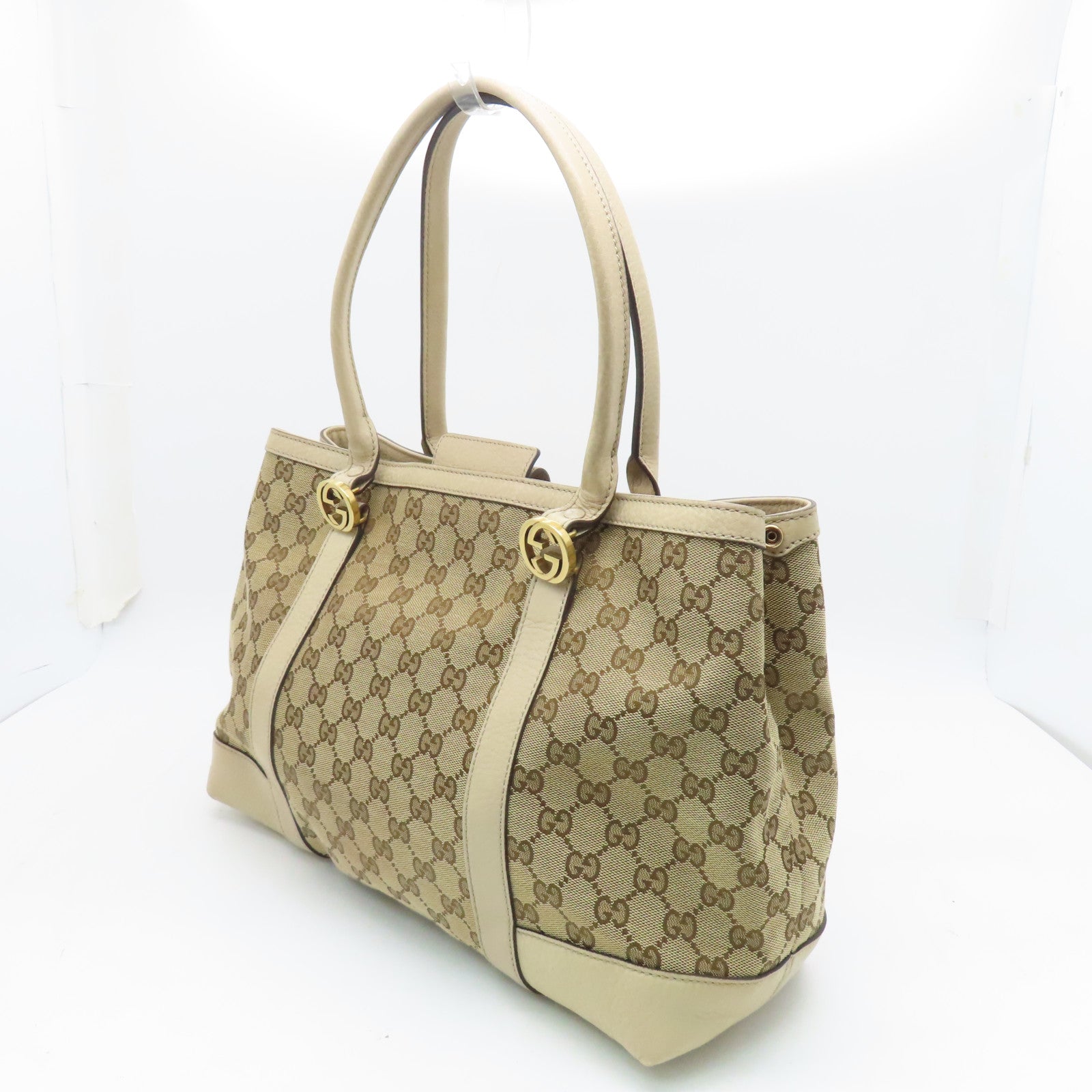 GUCCI canvas Tote Bag gold buckle handle bag brown
