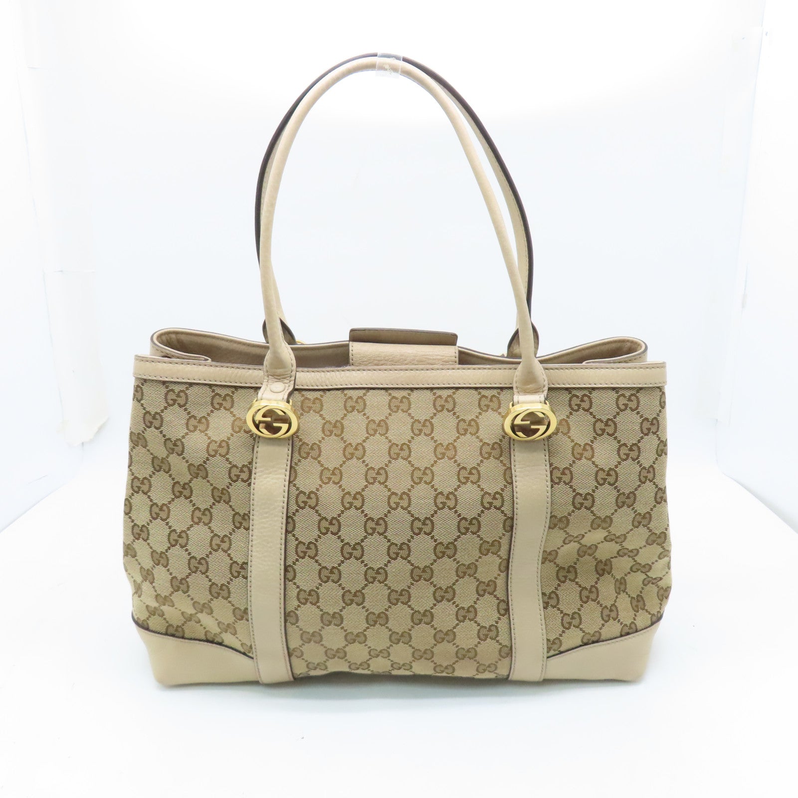 GUCCI canvas Tote Bag gold buckle handle bag brown