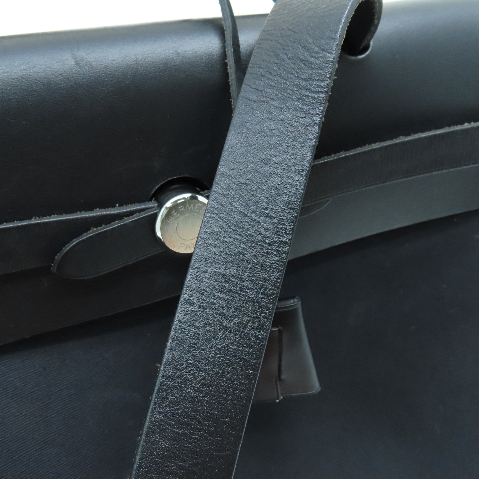 HERMES 帆布Herbag MM銀扣手挽肩背兩用袋黑色