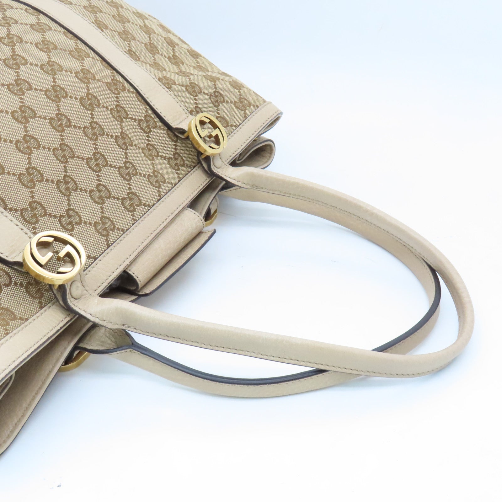 GUCCI canvas Tote Bag gold buckle handle bag brown