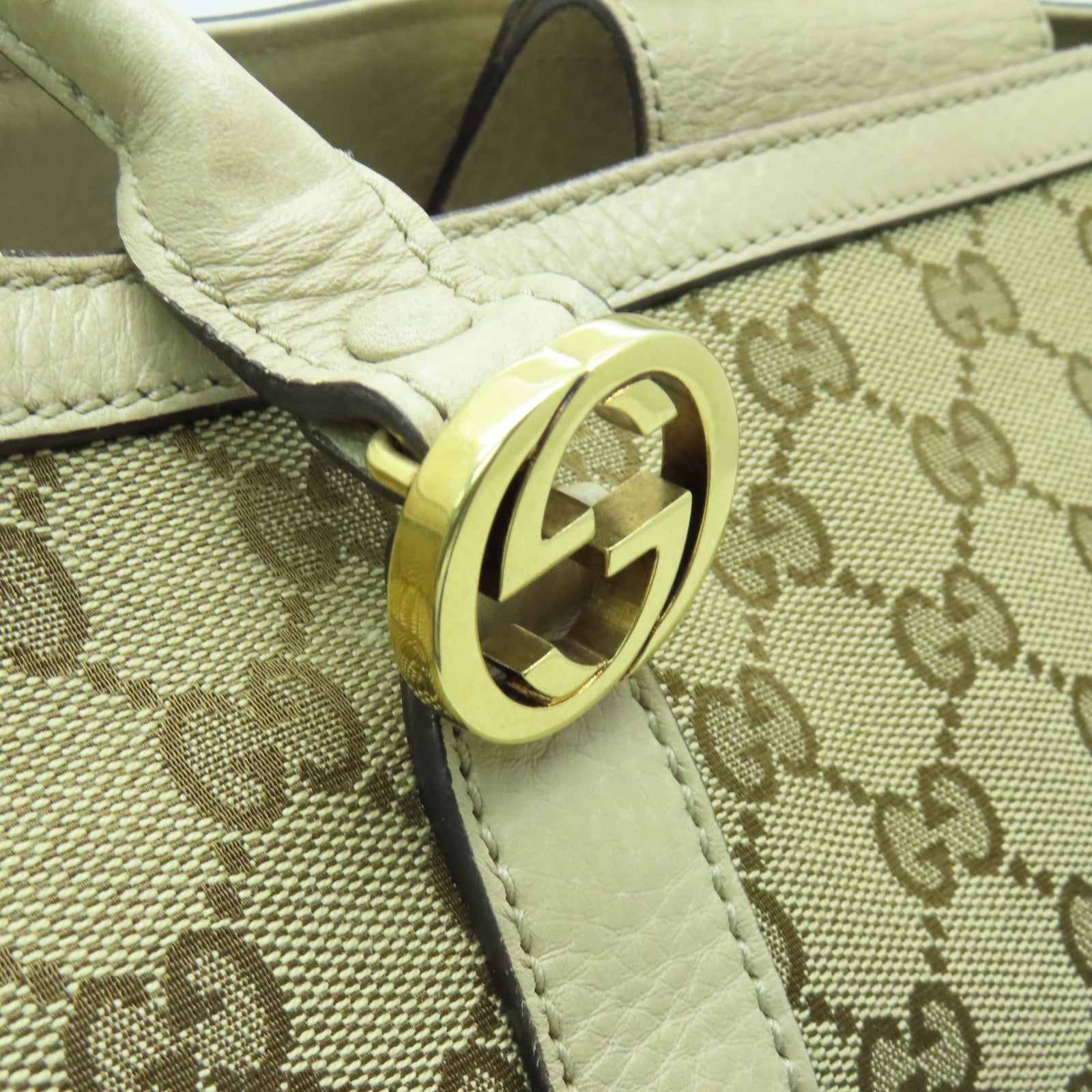 GUCCI canvas Tote Bag gold buckle handle bag brown