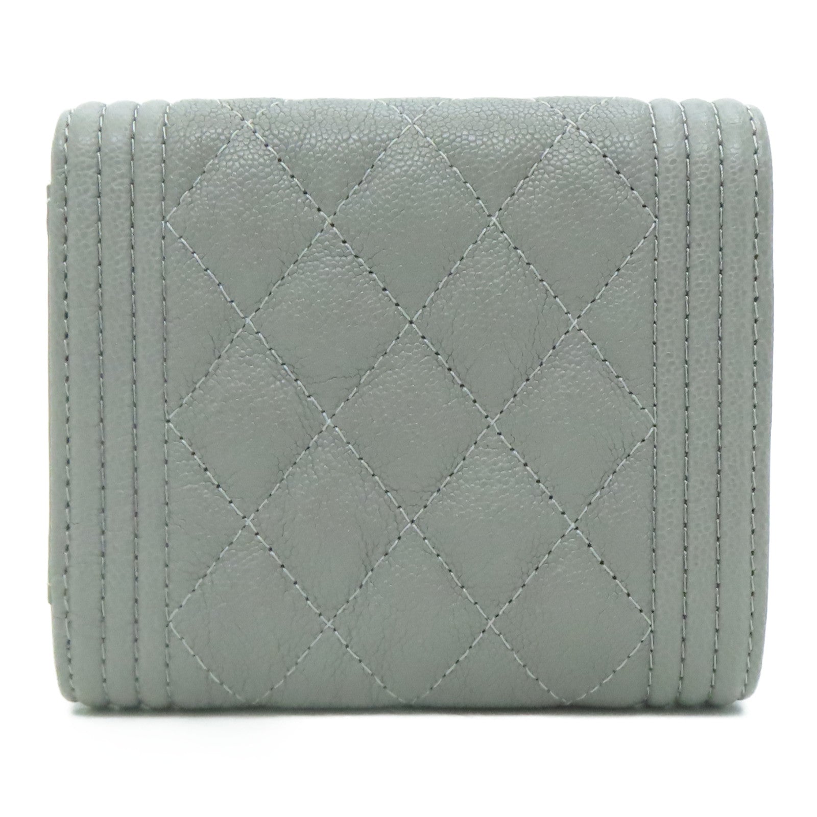 CHANEL 菱格Caviar皮革Boy Wallet金扣錢包灰色