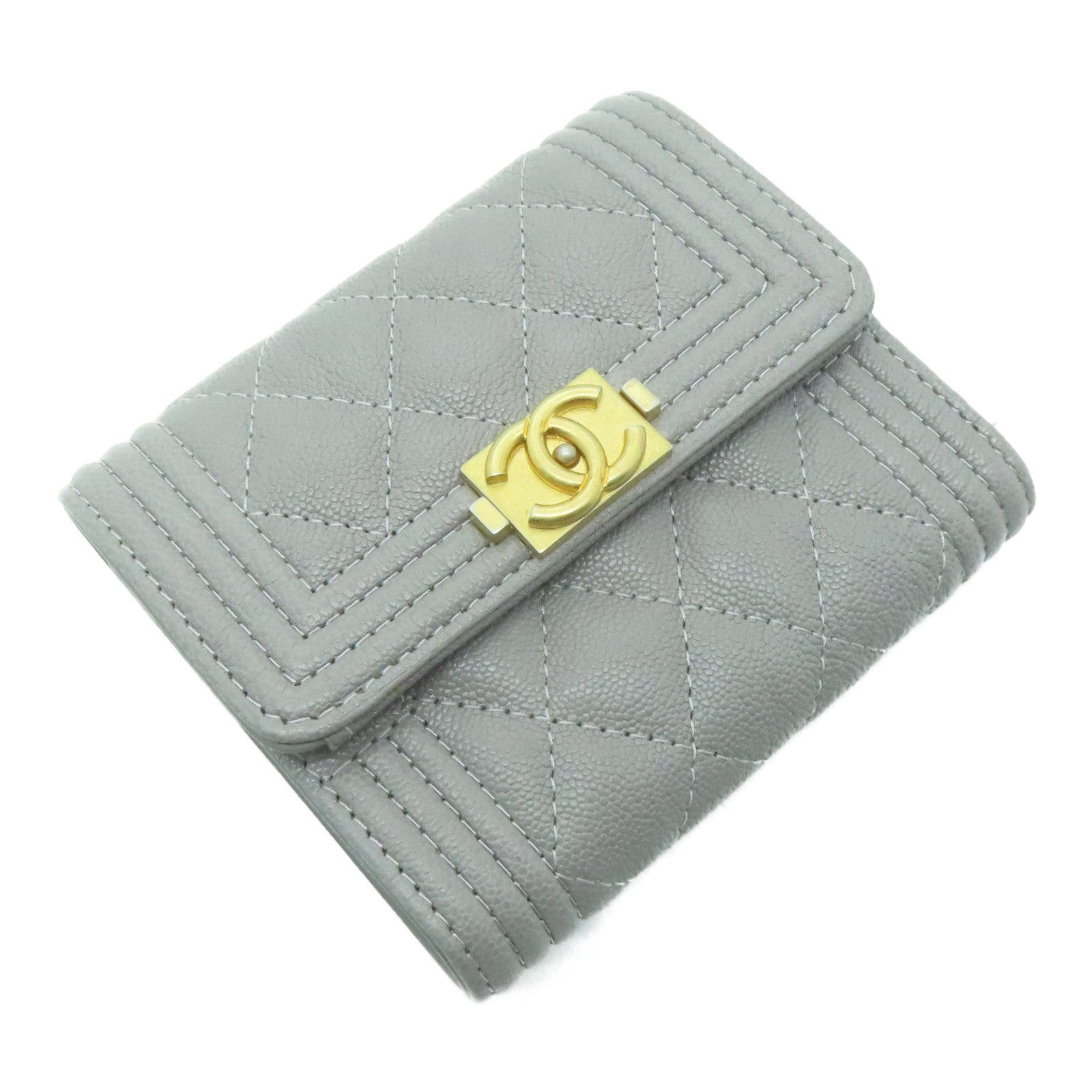 CHANEL 菱格Caviar皮革Boy Wallet金扣錢包灰色