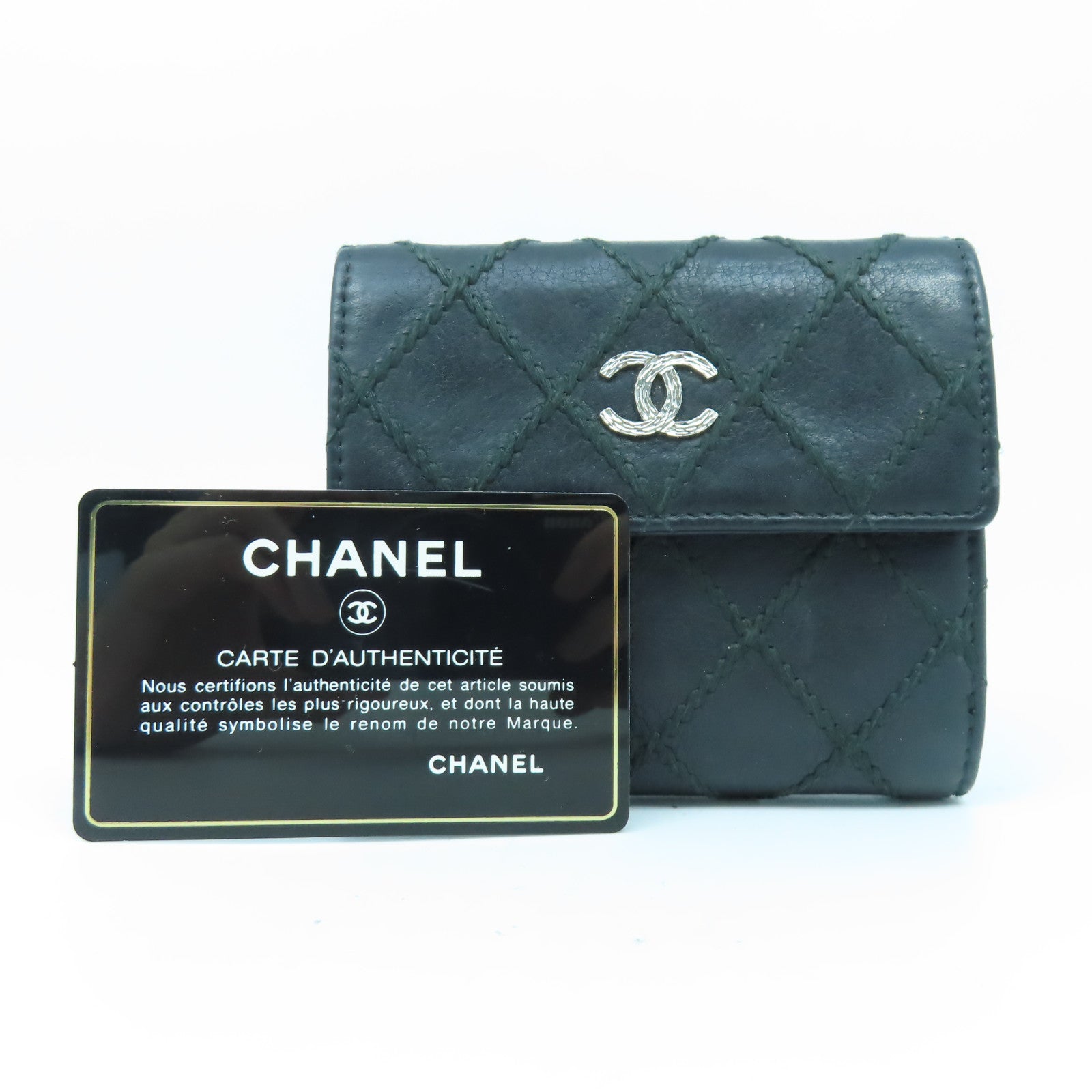 CHANEL 菱格牛皮皮革Wallet銀扣錢包黑色