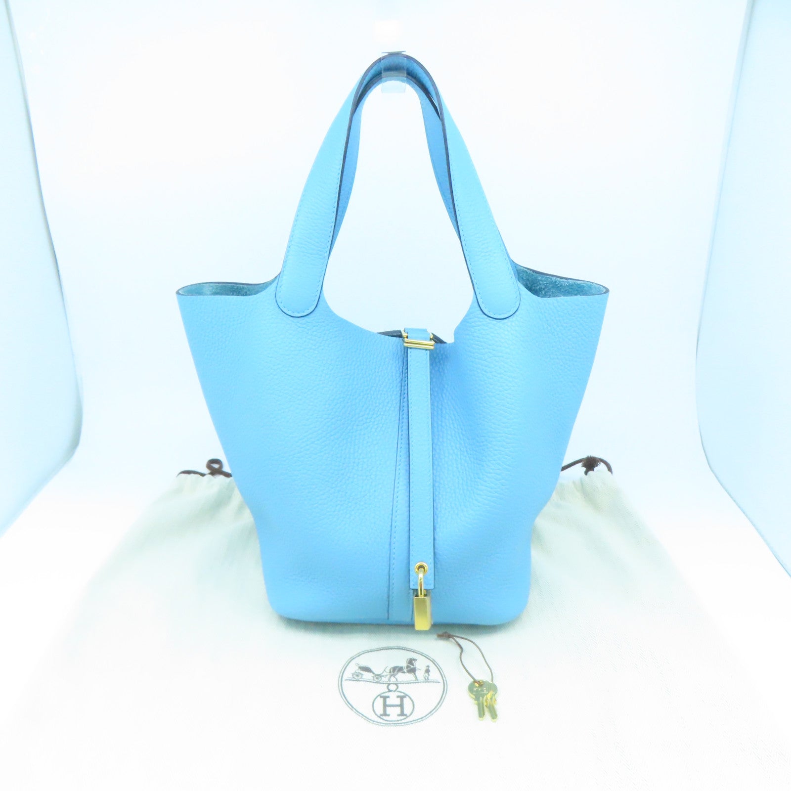 HERMES Clemence Leather Picotin MM Gold Buckle Handle Bag Blue Denoir Blue