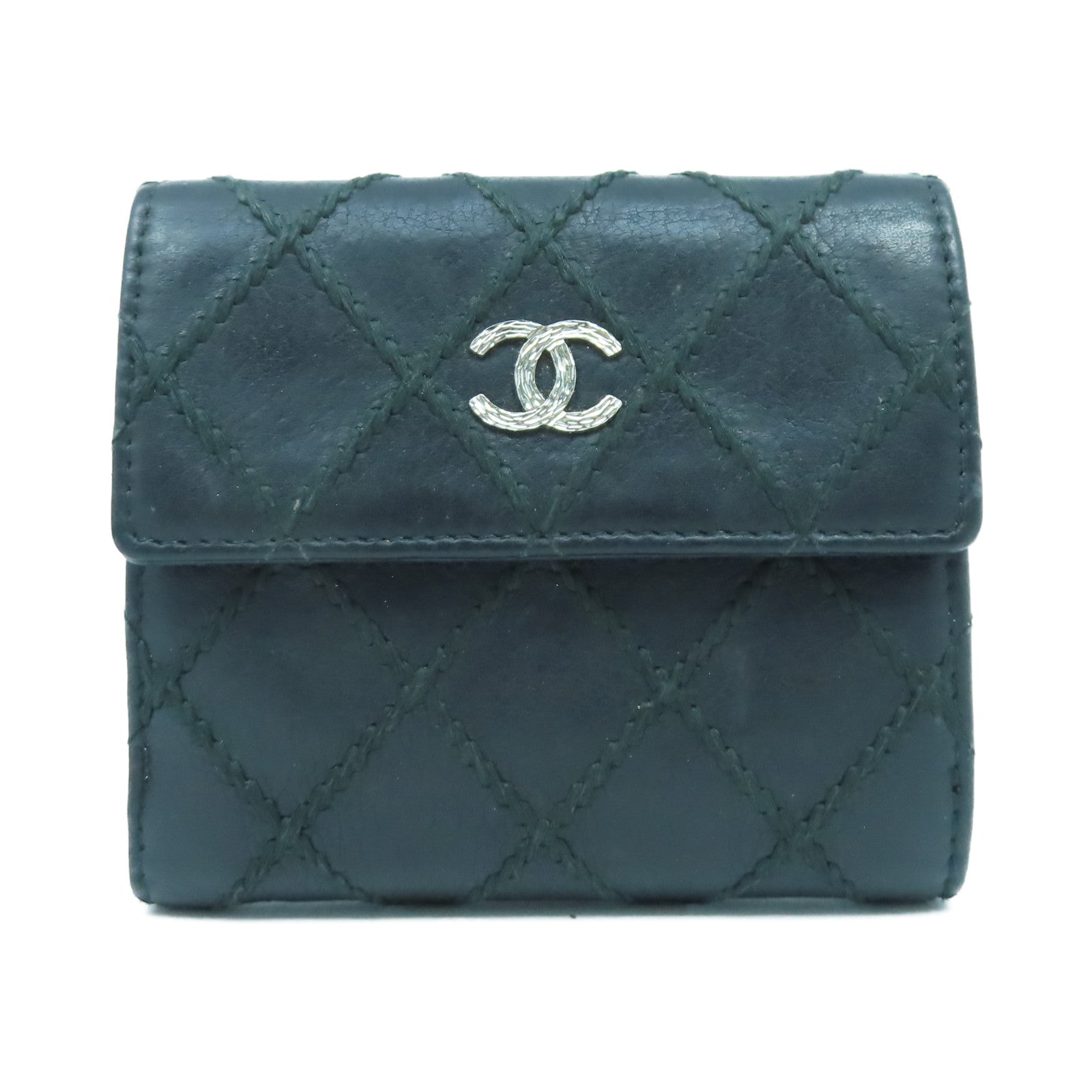 CHANEL 菱格牛皮皮革Wallet銀扣錢包黑色