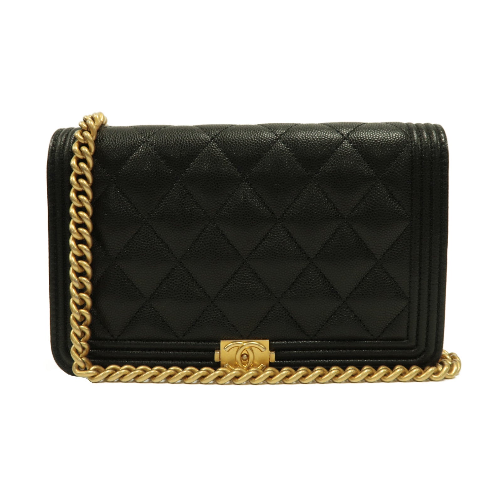 CHANEL 菱格Caviar皮革Boy Wallet On Chain金扣鏈帶肩背袋黑色