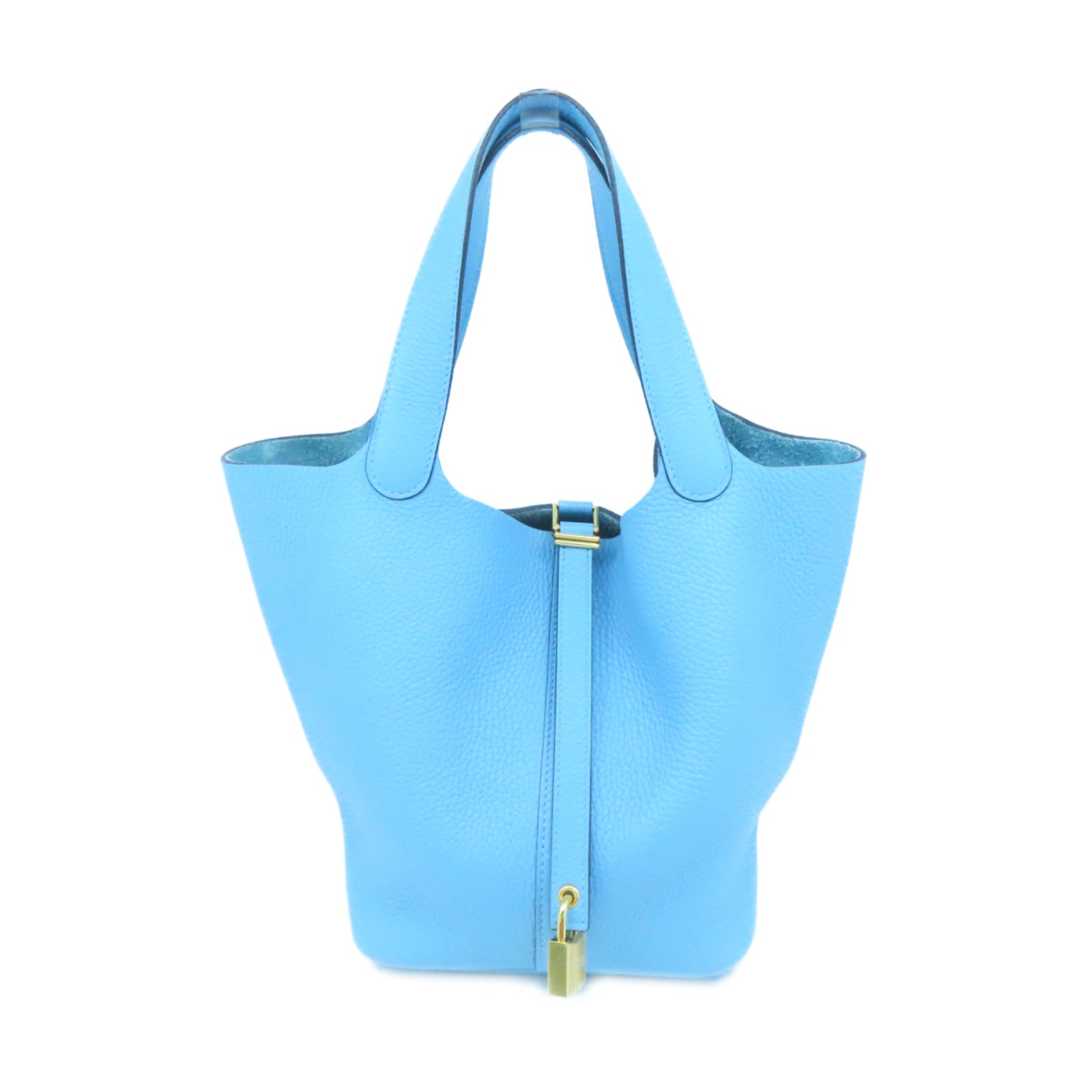 HERMES Clemence Leather Picotin MM Gold Buckle Handle Bag Blue Denoir Blue