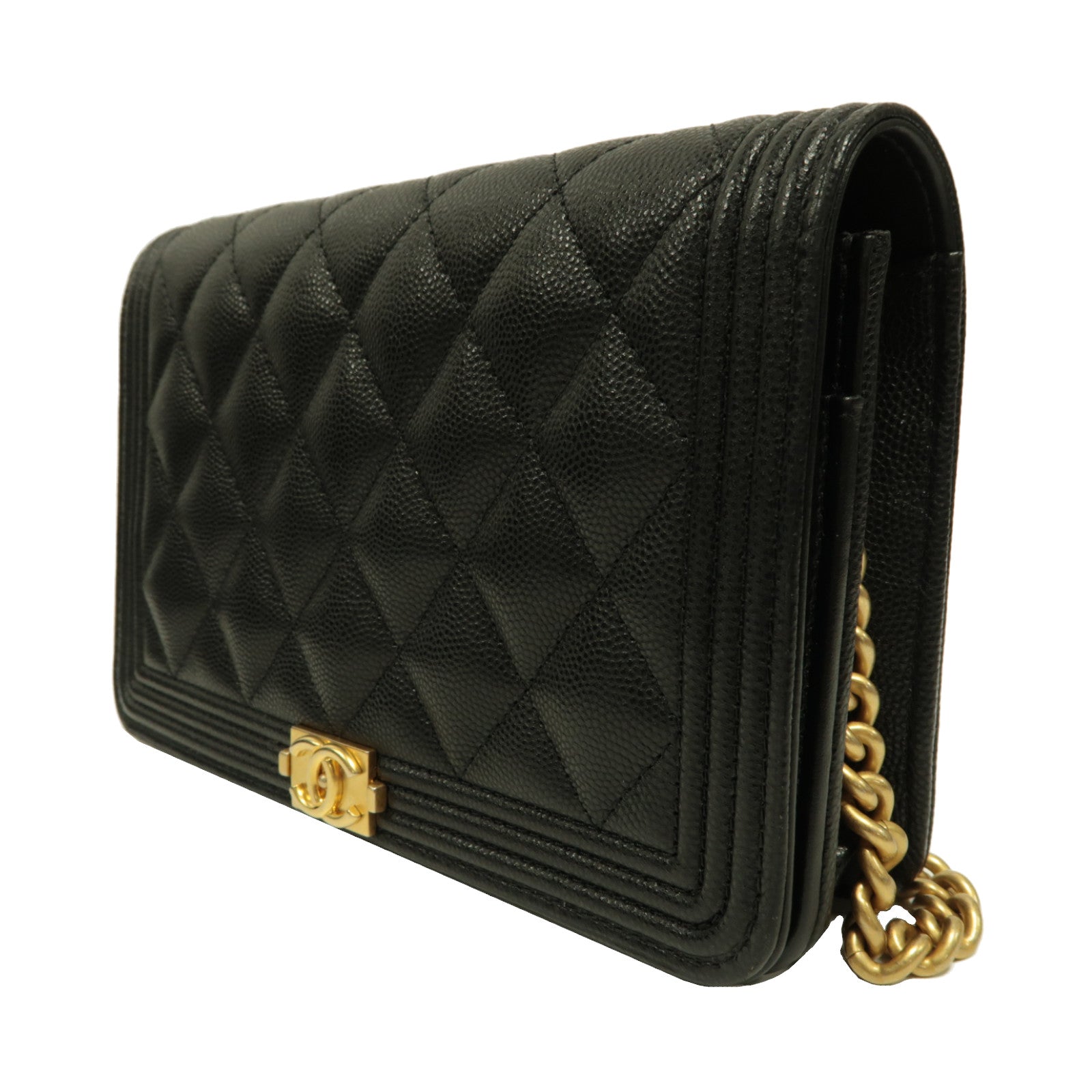 CHANEL 菱格Caviar皮革Boy Wallet On Chain金扣鏈帶肩背袋黑色