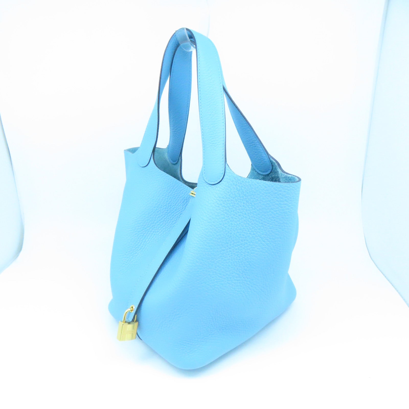HERMES Clemence Leather Picotin MM Gold Buckle Handle Bag Blue Denoir Blue