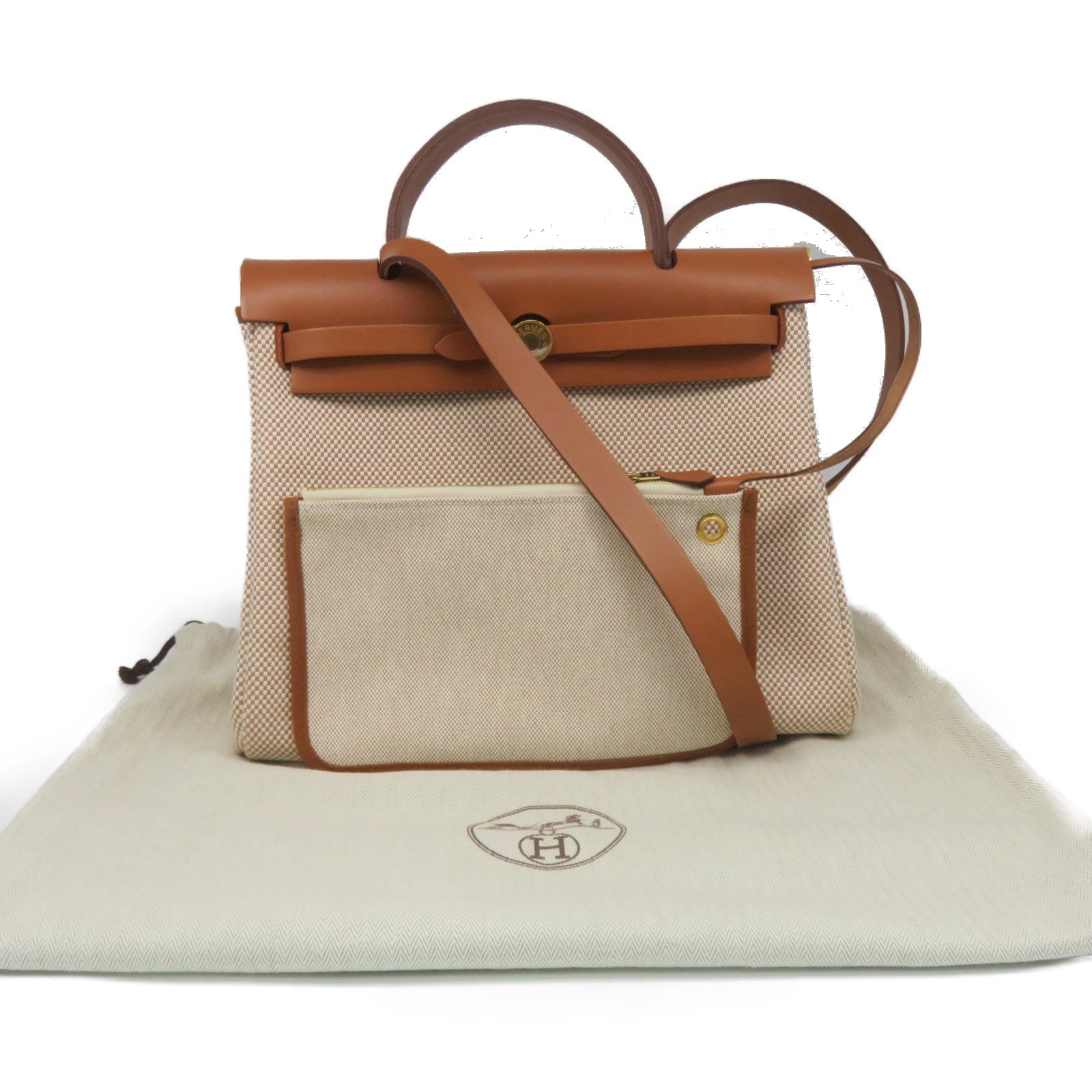 HERMES 帆布Herbag PM金扣手挽肩背兩用袋Ecru/Beige/Fauve啡色