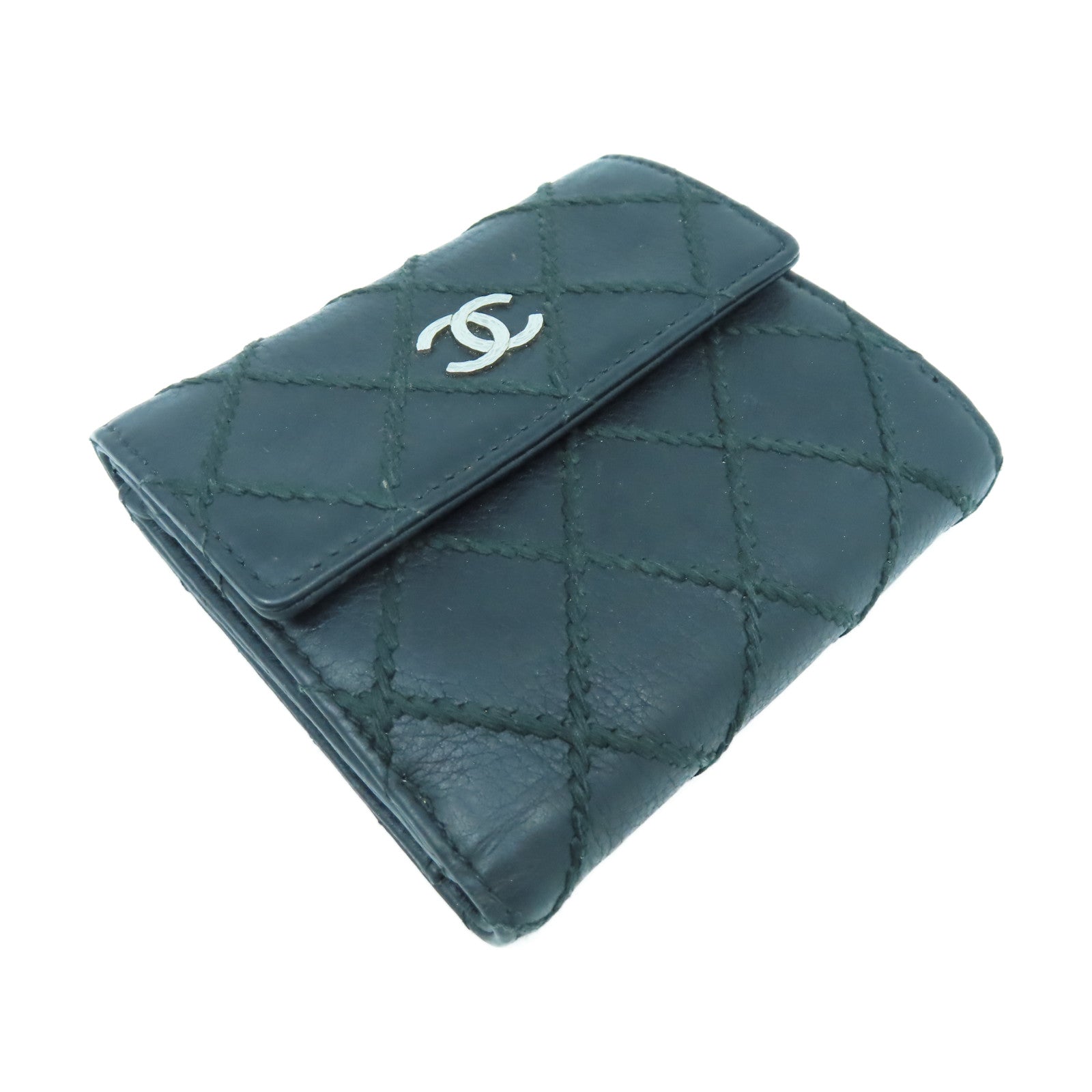 CHANEL 菱格牛皮皮革Wallet銀扣錢包黑色