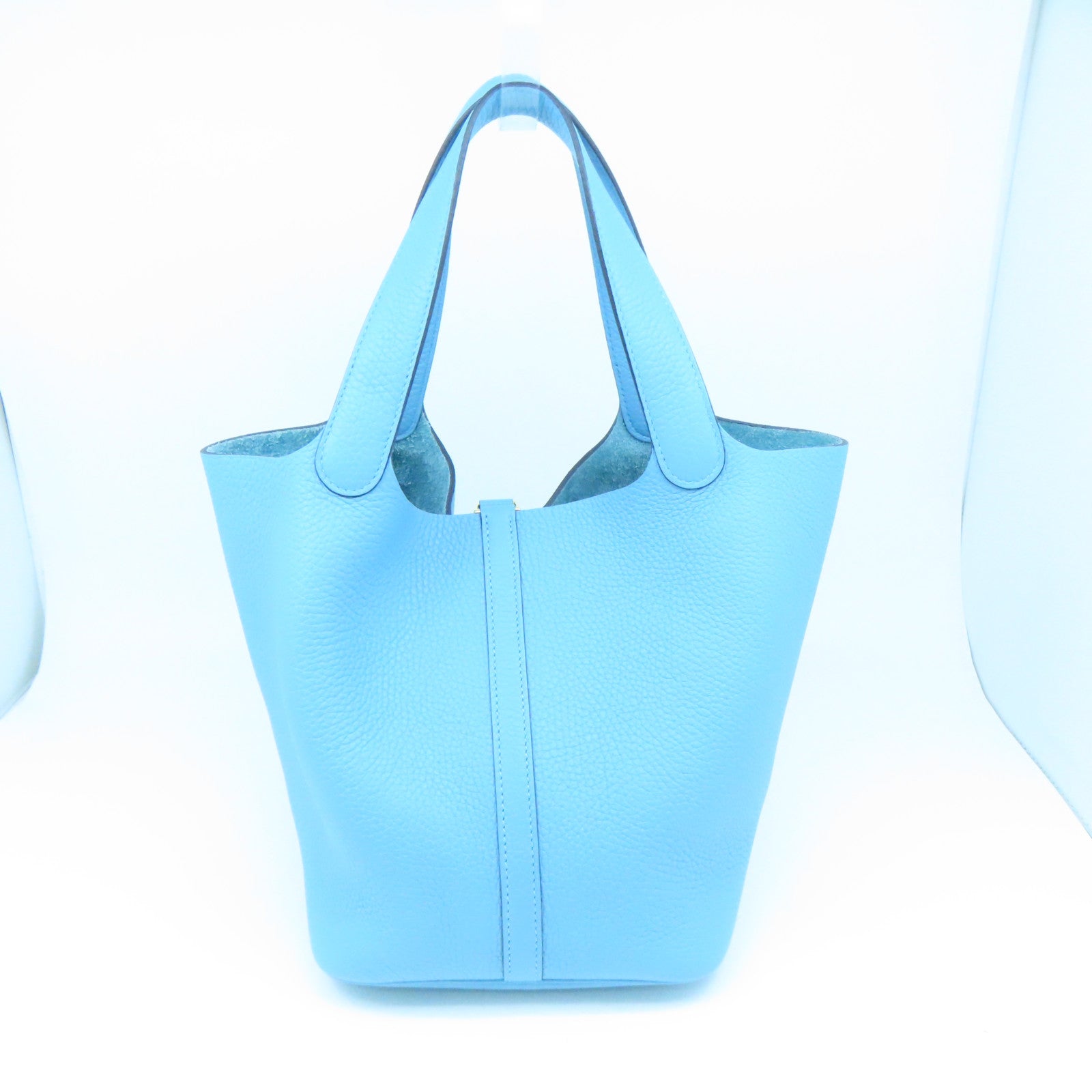 HERMES Clemence Leather Picotin MM Gold Buckle Handle Bag Blue Denoir Blue