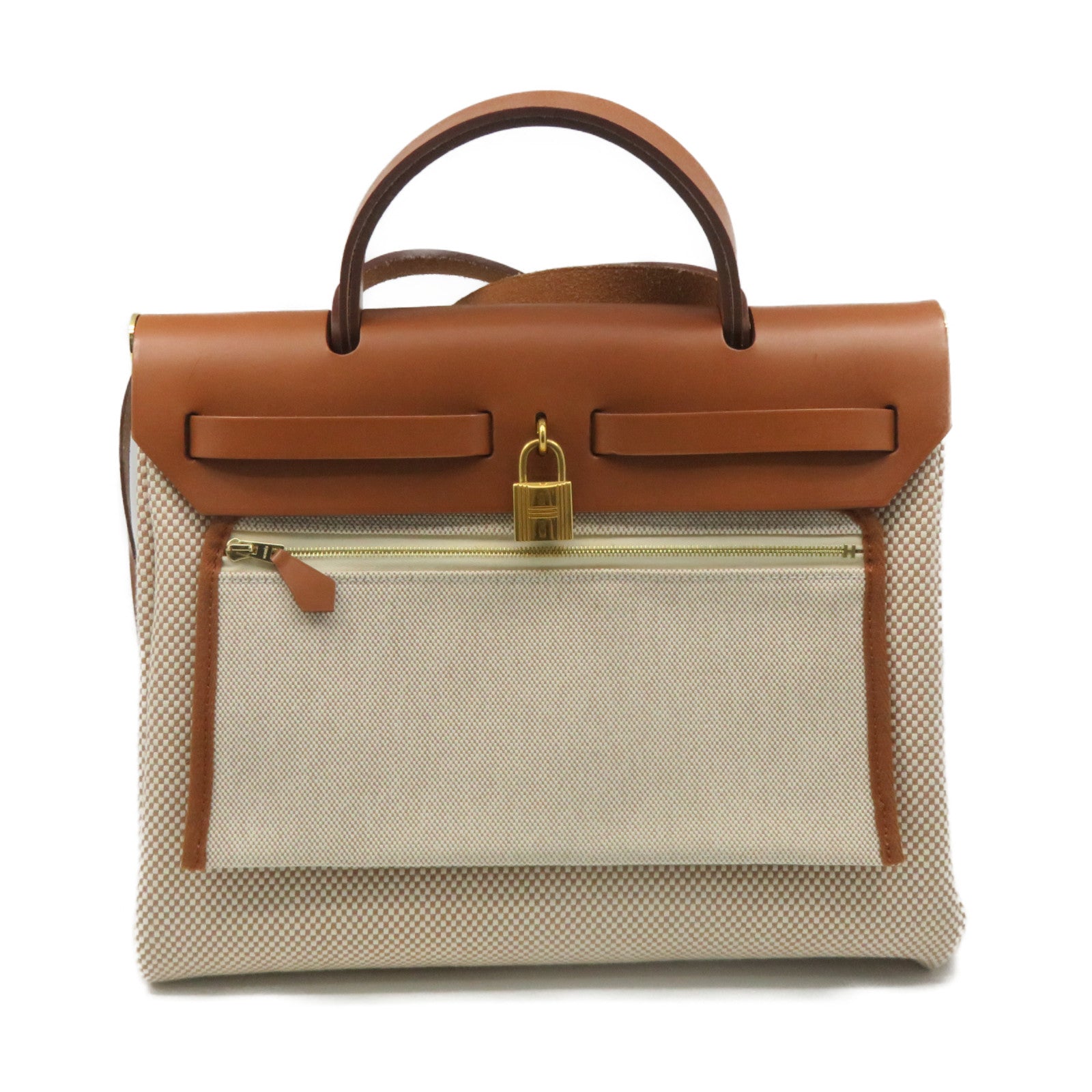 HERMES 帆布Herbag PM金扣手挽肩背兩用袋Ecru/Beige/Fauve啡色