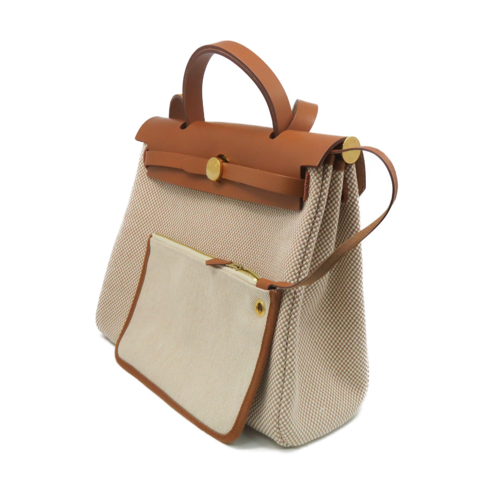 HERMES 帆布Herbag PM金扣手挽肩背兩用袋Ecru/Beige/Fauve啡色